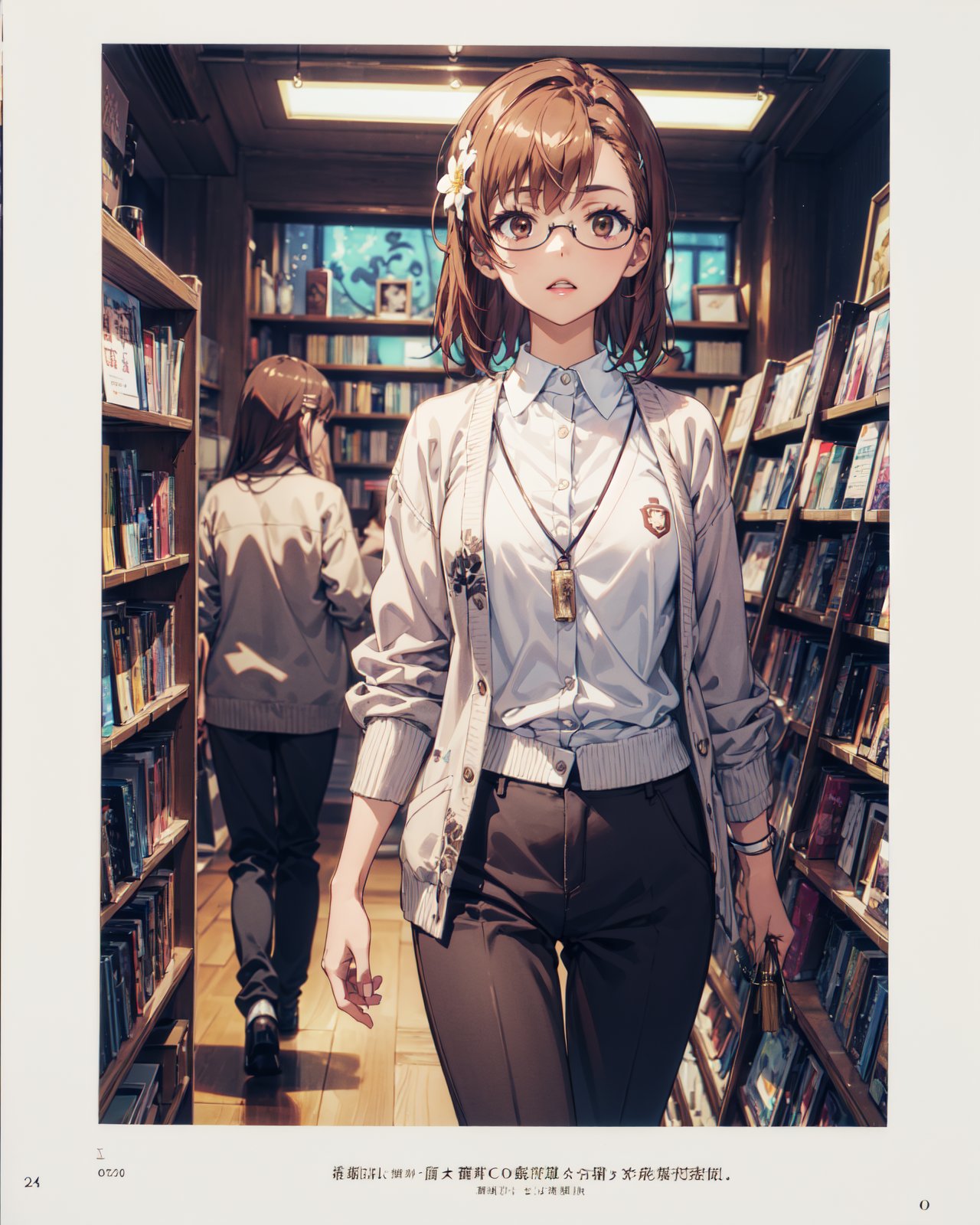 <lora:Misaka-000001:0.8>,Misaka CYQL,1girl,looking at viewer,solo,brown hair,short hair,hair ornament,hairclip,flower,hair flower,brown eyes,(Cashmere_cardigan:1.4),(Cropped_trousers:1.3),(Leather_loafers:1.2),(Bookstore_background:1.4),(laughing:1.2),beautiful face,beautiful eyes,glossy skin,shiny skin,(bust,foreshortening,walking:1.2),adjusting eyewear,Orchid display, Tropical plants, Succulents, Humid air, Glass ceiling, Controlled lighting,beautiful detailed sky,beautiful detailed glow,(English text:1.3),(border:1.5),posing in front of a colorful and dynamic background,(masterpiece, best quality, beautiful and aesthetic:1.3),contrapposto,female focus,fine fabric emphasis,wallpaper,fashion,Lipstick,depth of field,intricate_detail,finely_detailed,fine_fabric_emphasis,(glossy),<lora:增强减少细节add_detail:0.4>,