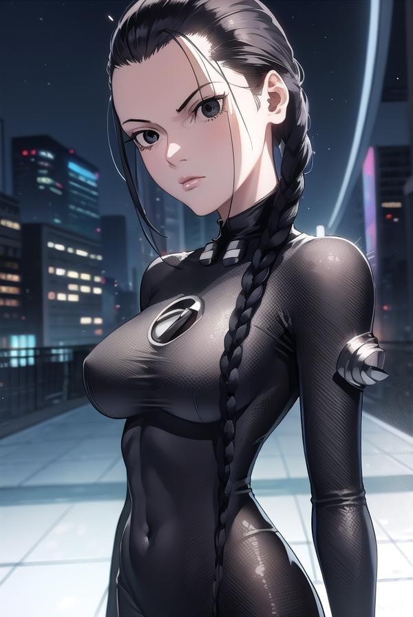 seisakuraoka, <lora:sei sakuraoka manga-lora-nochekaiser:1>,sei sakuraoka, braid, black hair, (black eyes:1.5), single braid,BREAK bodysuit, black bodysuitBREAK outdoors, city, night, sky, starry sky, moon,BREAK looking at viewer, (cowboy shot:1.5),BREAK <lyco:GoodHands-beta2:1>, (masterpiece:1.2), best quality, high resolution, unity 8k wallpaper, (illustration:0.8), (beautiful detailed eyes:1.6), extremely detailed face, perfect lighting, extremely detailed CG, (perfect hands, perfect anatomy),