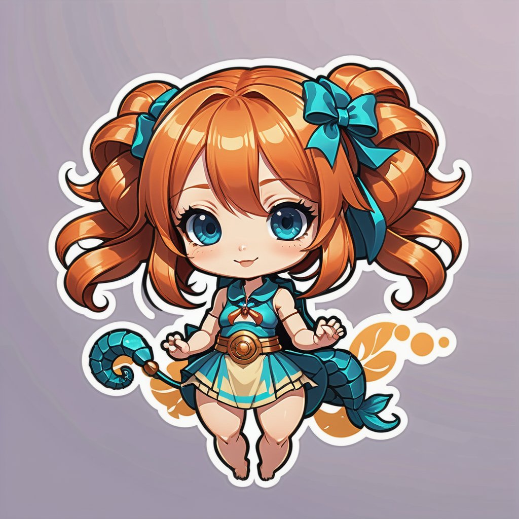 1girl, woman, fierce mountain tribal archer, toned, cosmic color:wheat and red-orange hair, Hair Bow, on stomach, with a pet Sea Horse, bombshell hair, ginger hair, hair bobbles, toned body, athletic build, narrow waist, wide hips, small breasts, japanese<lora:EnvyKawaiiStickerXL01:1>