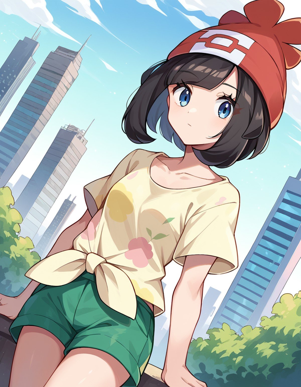 score_9, score_8_up, score_7_up, source_anime,pokemonselene, <lora:pokemon-selene-ponyxl-lora-nochekaiser:1>pokemonselene, black hair, blue eyes, short hair, bangs, blunt bangs,beanie, collarbone, green shorts, hat, red headwear, shirt, short sleeves, shorts, tied shirt, yellow shirt,outdoors, cityscape,looking at viewer, cowboy shot, dutch angle,