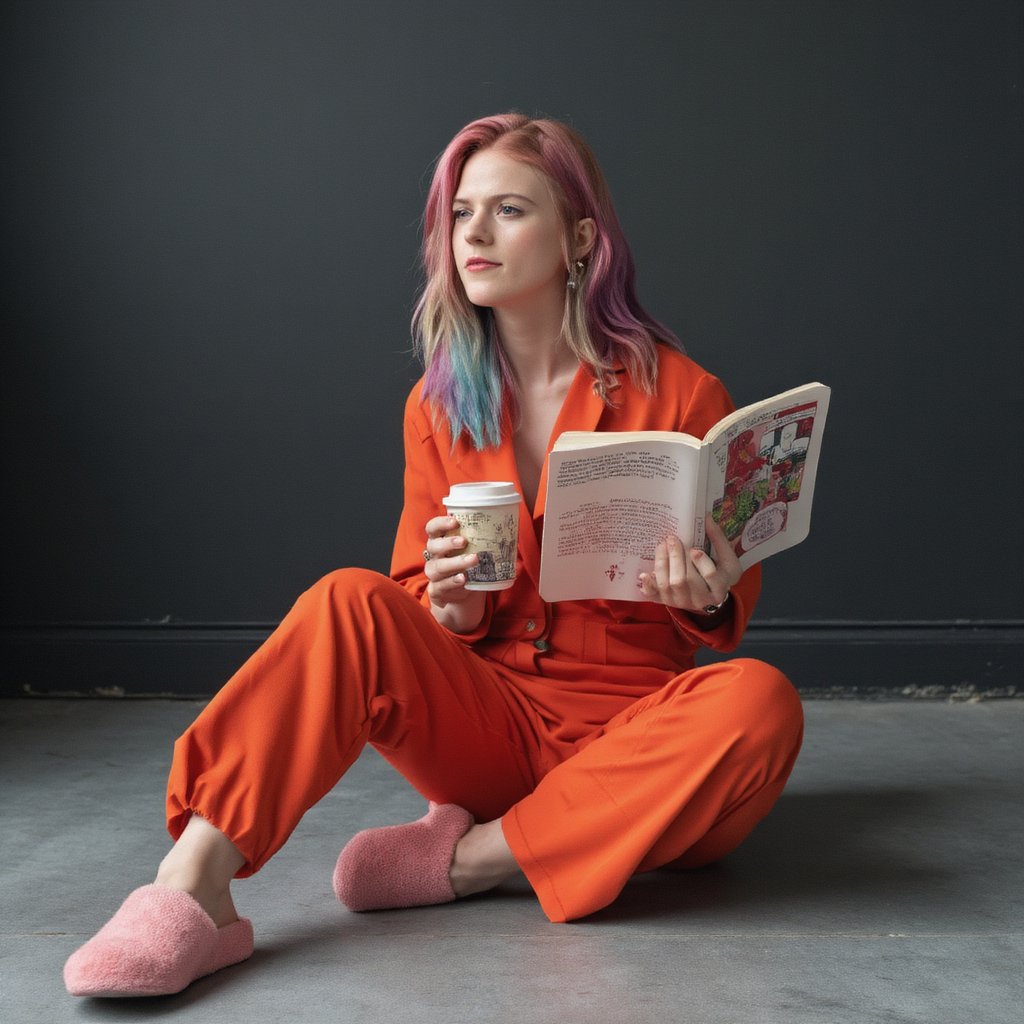 A portrait of rose_leslie seated in a dimly lit room with a concrete floor. She wears a bright orange jumpsuit and pink slippers. Her hair is a vibrant mix of pink, blue, and purple, and she holds a cup of coffee in one hand and a book in the other. The book is open, revealing a page with illustrations and text. The woman's expression is contemplative, and her gaze is directed away from the camera. The background is a muted gray, contrasting with the bright colors of her hair and clothing. The overall mood of the image is serene and introspective.