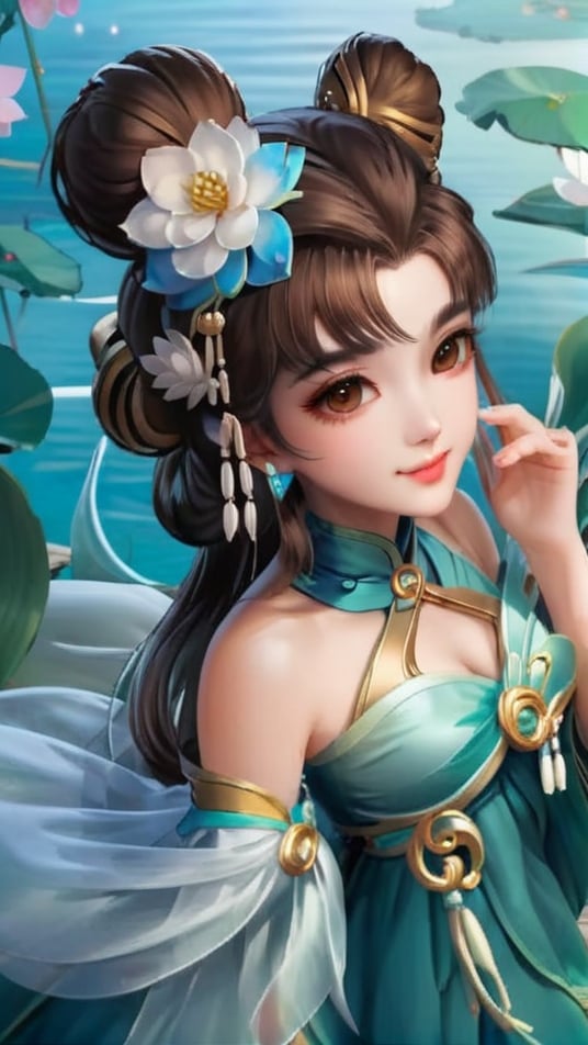 (1girl),smooth chin,masterpiece,detailed face,((hair ornament focus)),top quality,4k,make up,best quality,medium breasts,(looking at viewer),chinese clothes,HAI BUN,double bun,full boday,hair flower,<lora:王者_小乔_青蛇XL_v1.0:0.9>,