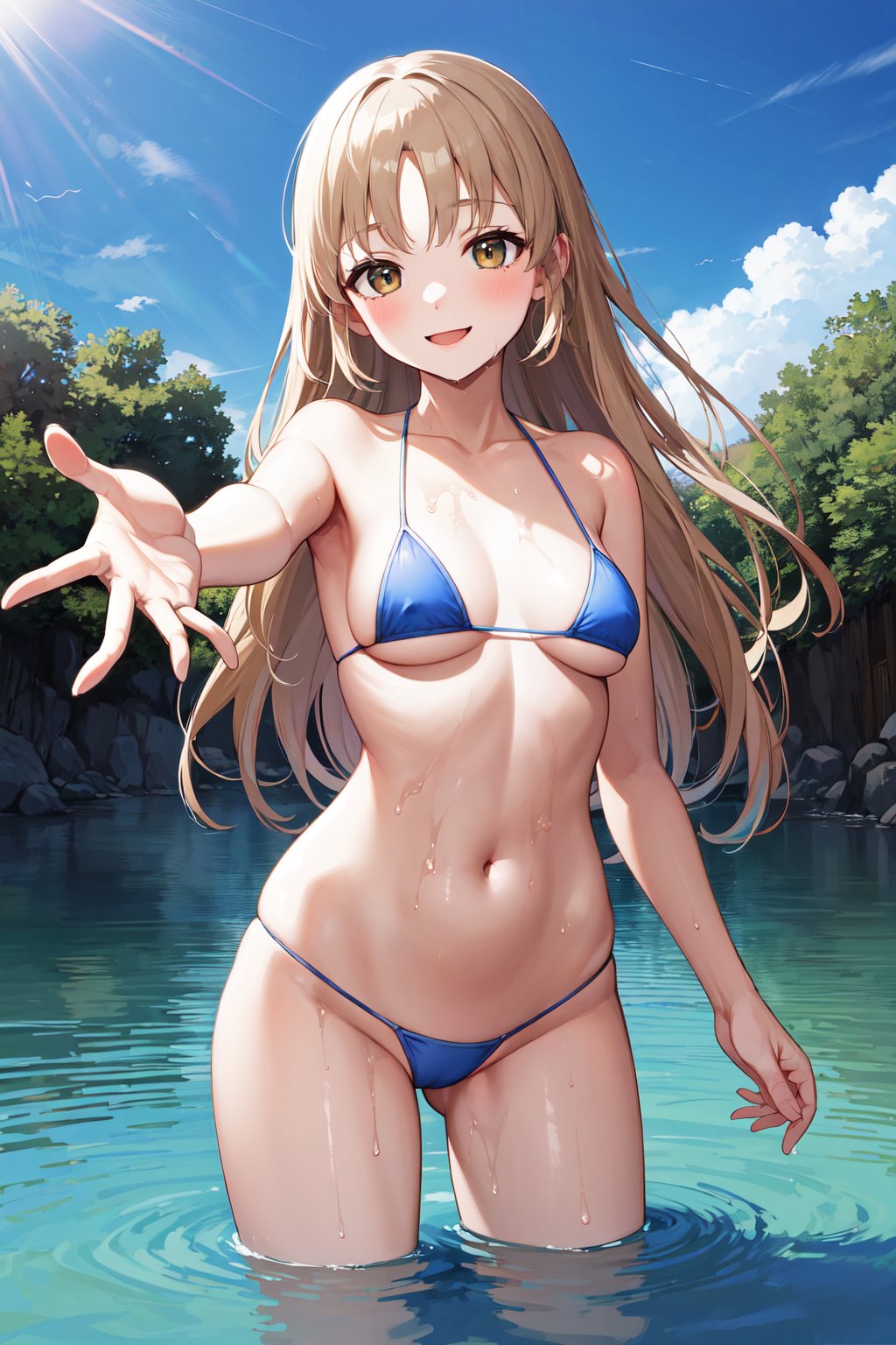 masterpiece, best quality, highres, aasister, long hair, <lora:sister_cleaire_v2:0.7>, micro bikini, wet, partially submerged, water. standing, reaching out, smile, blue sky