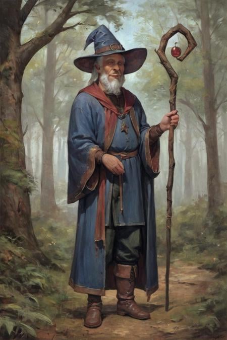 score_9, score_8_up, score_7_up, painting (medium), traditional media, realistic, wizard, old, 1boy, old man, male focus, hat, beard, solo, staff, witch hat, facial hair, forest, nature, robe, long hair, looking at viewer, tree, holding, white hair, outdoors, holding staff, boots <lora:Oil Gothic Painting Style SDXL_LoRA_Pony Diffusion V6:1>