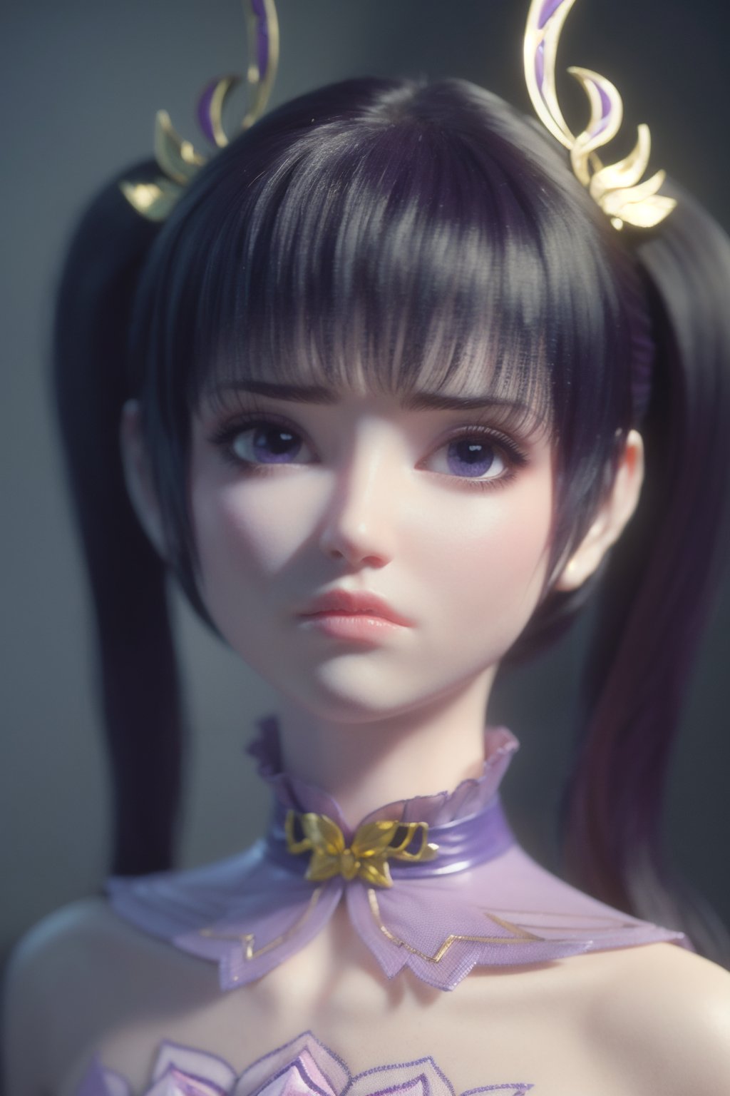 holding_breath,angry,<lora:紫研:1>,hair ornament,twintails,purple eyes,紫研,collar,, (masterpiece, best quality, high quality, highres:1.3),8k,detail,CG,3d,
1girl,solo,pale skin,
detailed shadow,(glossy),(shiny skin),