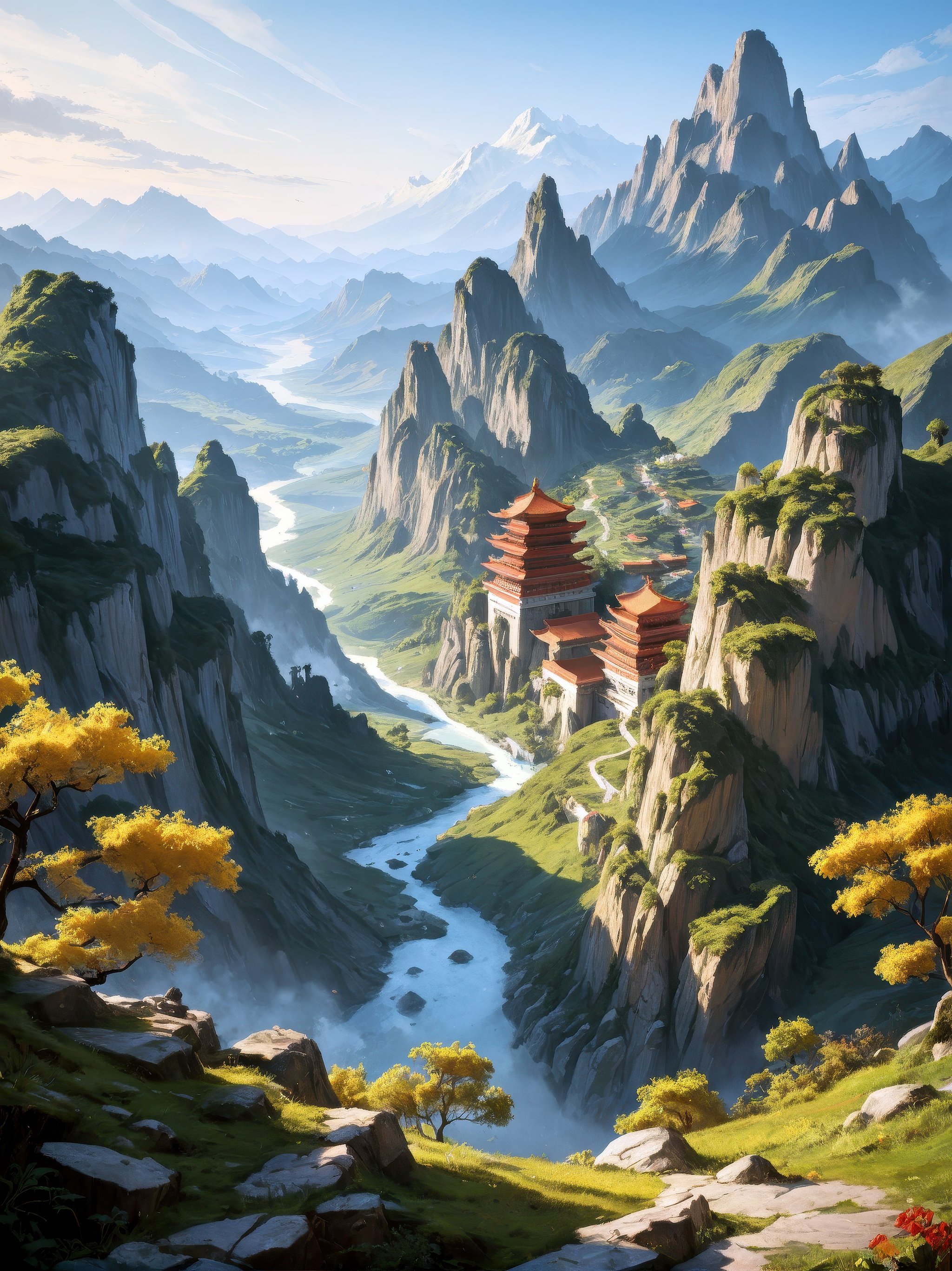 score_9, score_8_up, score_7_upan ultradetailed landscape painting of a panorama view of westlake in china, pagodas on hills, osmanthus blossoms nearby, fine wind, highly detailed, artstation, concept art, smooth, sharp focus, illustration, by hilma af klint, 8 k