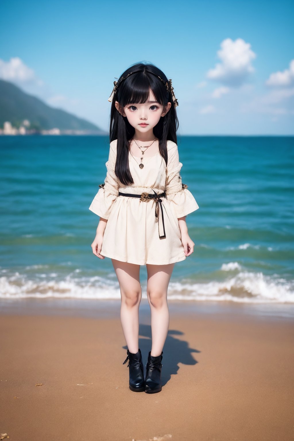 <lora:AgainChibiLora_v1:1>,1girl, solo, jewelry, black hair, necklace, dress, black eyes, black dress, black footwear, (full body:1.2), (sea:1.2),