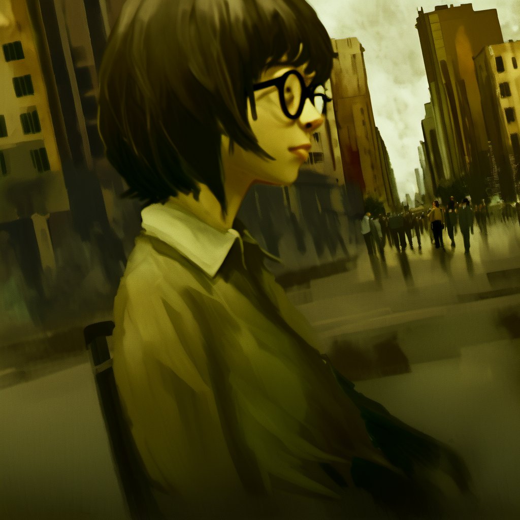 <lora:loneliness_xl_v2:1>,The image portrays a side profile of a young individual with short,dark hair and glasses. They are gazing into the distance,with a contemplative expression. The setting appears to be an urban environment,possibly a cityscape,with tall buildings and structures in the background. The atmosphere is somewhat somber,with a muted color palette dominated by grays and browns. The image has a painterly quality,suggesting it might be an artwork or a digital illustration.,young individual,short dark hair,glasses,side profile,urban environment,cityscape,tall buildings,muted color palette,painterly quality,artwork or digital illustration,