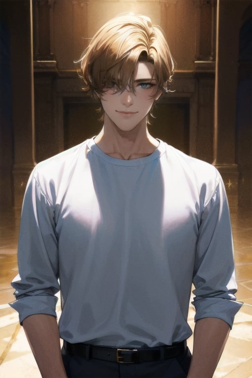 ((masterpiece)), ((best quality)), (ultra-detailed), absurdres, extremely detailed CG unity 8k wallpaper, Official Art, (realistic), [beautiful face, detailed hands, expressive eyes:0.5], upper body, [close up:0.5], solo, scenery, illustration, dramatic lighting, standing, smile, 1boy, bishounen, shirt, pants, ((masterpiece)), , absurdres, HDR