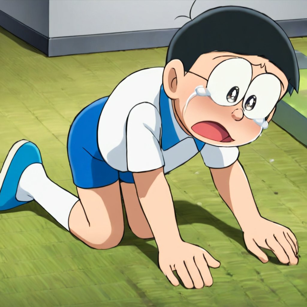 nobi nobita, 1boy, solo, crying, male focus, glasses, tears, black hair, shirt, shorts, socks, lying, on stomach, open mouth, yellow shirt, solo focus, blue footwear, crying with eyes open, official style, white socks, short hair, short sleeves, masterpiece, best quality, <lora:nobi nobita aam:1>