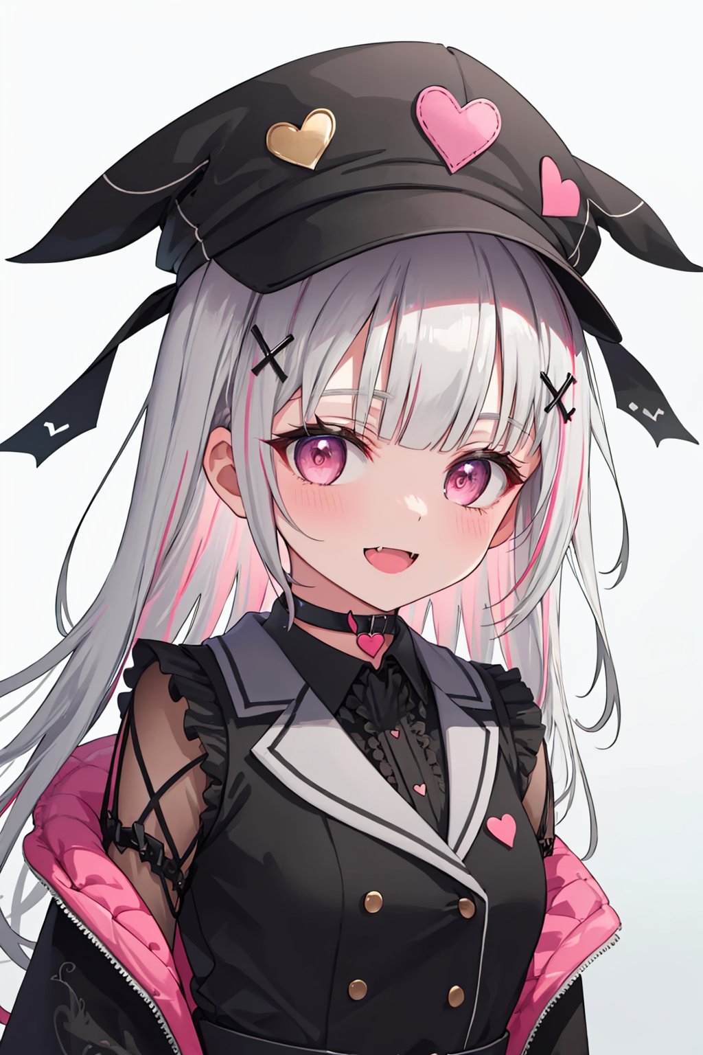 masterpiece,best quality, highly detailed, asumi sena,looking at viewer,virtual youtuber,1girl,blush,solo,long sleeves,open mouth,black headwear,white background,black choker,simple background,skin fang,upper body,d,black shirt,heart,black dress,hair ornament,hat,smile,<lora:asumi_sena:1>