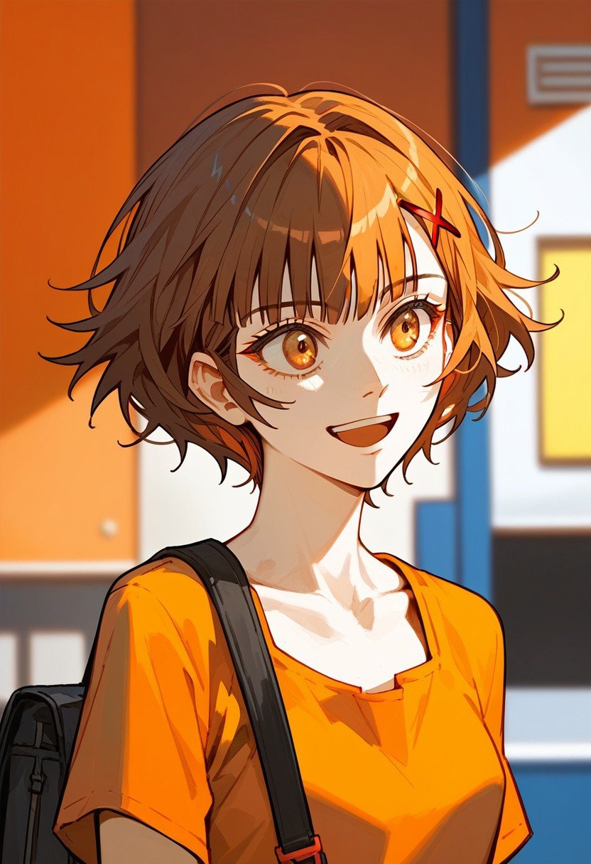 score_9,score_8_up,score_7_up,source_anime, Androssi Zahard,1girl,solo,smile,open mouth,shirt,hair ornament,collarbone,hairclip,looking to the side,parody,x hair ornament,portrait,meme,orange shirt,