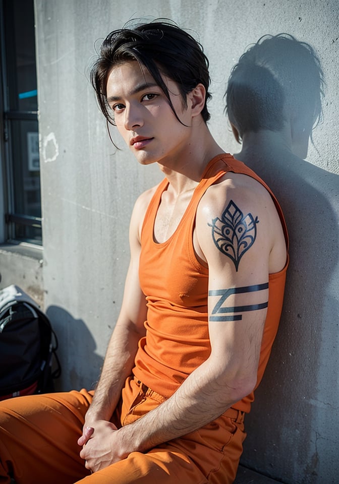 <(photorealistic:1.4), (extremely intricate:1.2)>, solo, short hair, black hair, 1boy, old man, sitting, male focus, pants, tattoo, muscular, facial hair, tank top, pectorals, muscular male, mature male, stubble, arm tattoo, red pants, white tank top, orange pants, savage facial features,  BREAK,  <(exquisitely detailed skin), cinematic light, ultra high res, 8k uhd, film grain, perfect anatomy, best shadow, delicate, RAW>, 