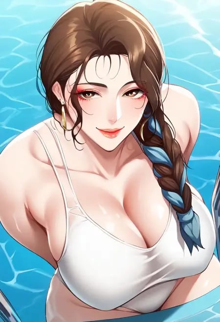 score_9, score_8_up, score_7_up, ASCII masterpiece, source_anime, BREAK, 1girl, solo, (( <lora:cho_mi-kyung:1> , cho_mi-kyung, thin waist, wide hips, beautiful skin, beautiful brown eyes, clear eyes, bright pupils, beautiful eyes, beautiful brown hair, huge and shaggy breasts, natural beauty, extraordinary beautiful woman, attractive woman, super sexy woman, lustful body, sexy woman with seductive obscene body, sensual body, voluptuous body, sexy beauty, most beautiful milf, no piercings, no piercing, )), makeup, gold earrings, ((sexy erotic obscene cut-out white swimsuit, obscene cleavage, huge cleavage, single hair braid with blue scarf, hair over shoulder, )) , pool, seductive smile, seductive pose, Aqua Park background, hands behind back,