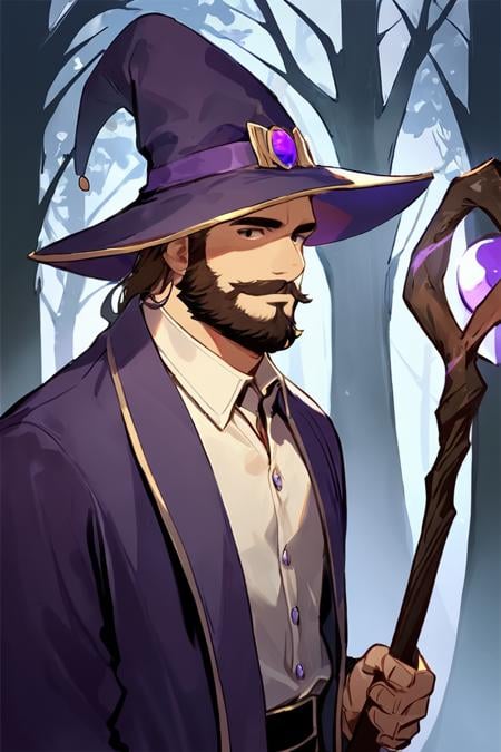 score_9, score_8_up, score_7_up, rating_safe, 1boy, solo, male focus, mature male, wizard, long hair, brown hair, black eyes, looking at viewer, hat, facial hair, beard, mustache, staff, wizard hat, purple hat, shirt, collared shirt, robe, purple robe, cloak, holding, holding staff, upper body, standing, outdoors, forest, nature, tree, fog, dark background <lora:Anime Style 2 SDXL_LoRA_Pony Diffusion V6 XL:0.8>