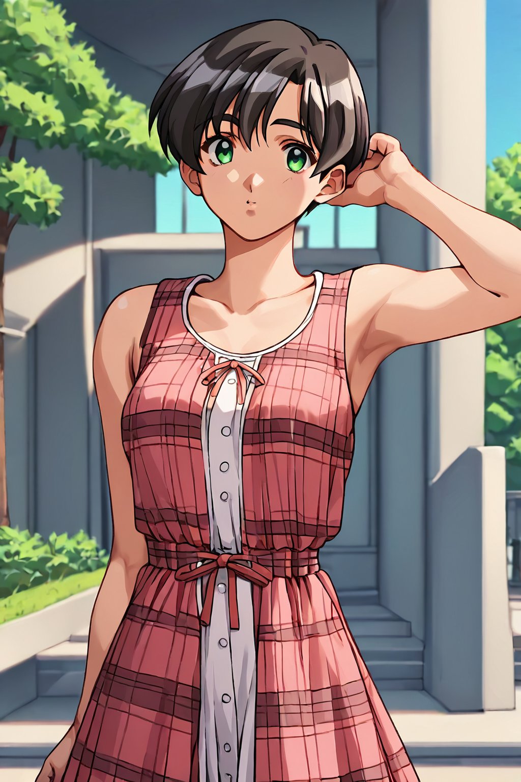 score_9, score_8_up, score_7_up, score_6_up, score_5_up, score_4_up, source_anime,cowboy shot,  wakabayashi ayu, 1girl, black hair, green eyes, short hair, solo, sleeveless, red dress with white line, plaid dress, ayu_red, round neck, masterpiece, perfect face, best quality, beautiful girl, cute girl, beautiful eyes, shiny eyes, anime coloring, anime screencap, absurdres, outdoors, <lora:wakabayashi ayu anyt 905:0.8>