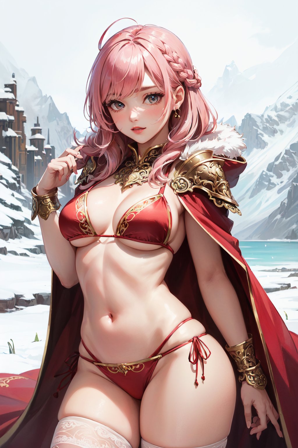 (masterpiece, best quality, hires, high resolution:1.2), (beautiful, aesthetic, perfect, delicate, intricate:1.2), (cute, adorable), (depth of field:1.2), (1girl, solo), (a sexy barbarian female warrior), (pink hair:1.4), (long hair, thick braid), (windy hair), (ornate delicate red bikini armor:1.4), (furr red cloak:1.3), (lace stockings), (at snow montains), (snow, ice, snow drop), (cowboy shot:1.4),