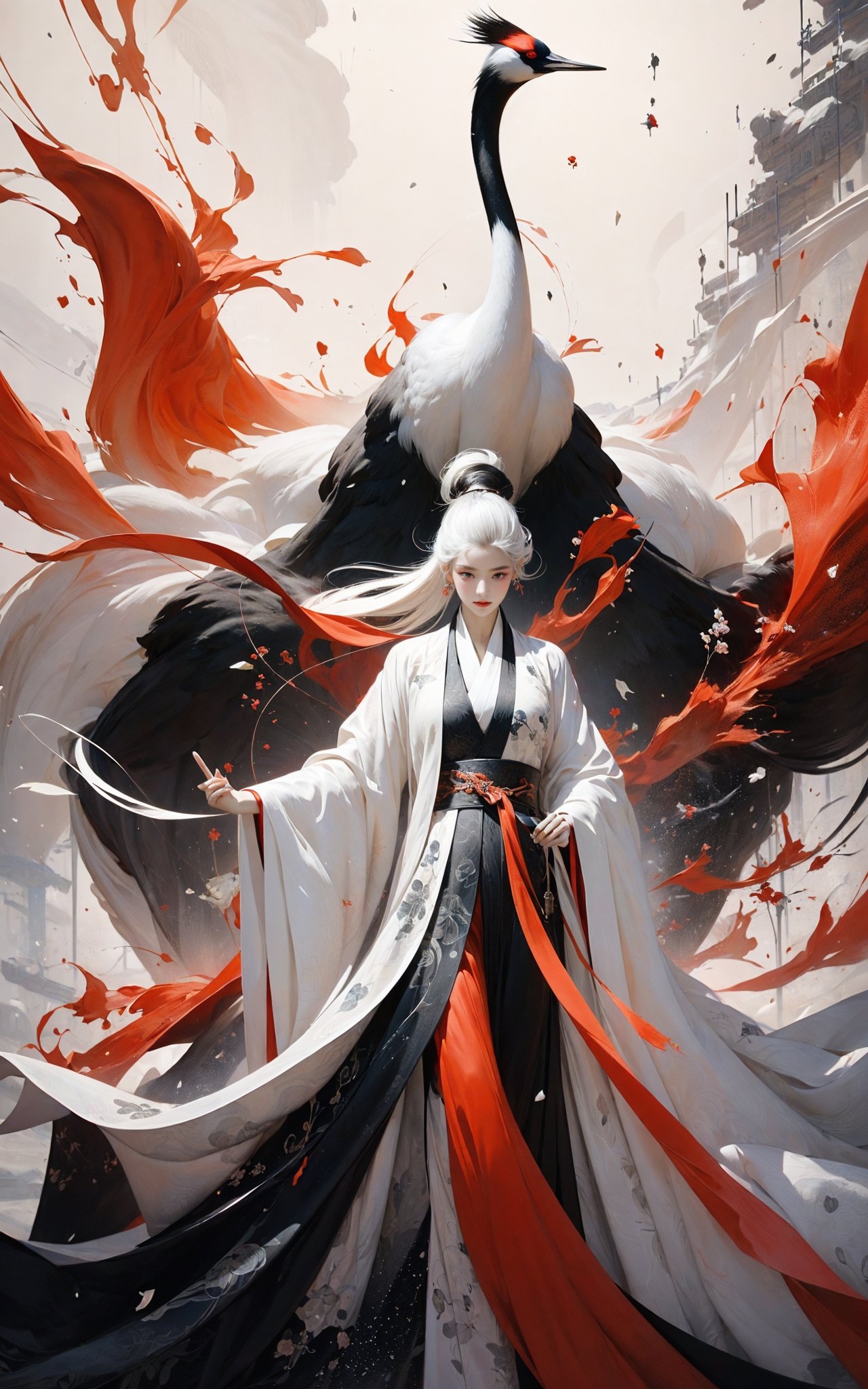 Ink painting, ink painting, splash-ink, ink splash, calligraphy, Chinese characters, Chinese character background，Red crowned crane，1girl，White hair, Hanfu,A shot with tension，(sky glows red,Visual impact,giving the poster a dynamic and visually striking appearance:1.2),Chinese Zen style,impactful picture,<lora:绪儿-鹤 Red crowned crane:0.8>