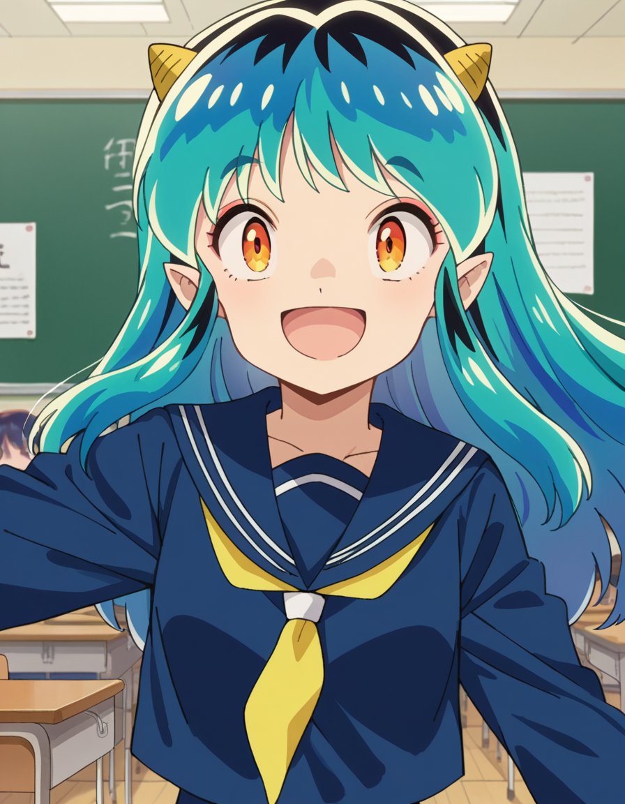 score_9, score_8_up, score_7_up, source_anime,uruseilum, <lora:urusei-lum-anime-s1-ponyxl-lora-nochekaiser:1>,lum, long hair, bangs, blue hair, orange eyes, horns, pointy ears, aqua hair, oni horns, eyeshadow,shirt, long sleeves, school uniform, serafuku, sailor collar, neckerchief, yellow neckerchief, shirt, blue shirt, blue sailor collar, blue skirt,indoors, classroom, smile, open mouth,looking at viewer, dutch angle, cowboy shot,