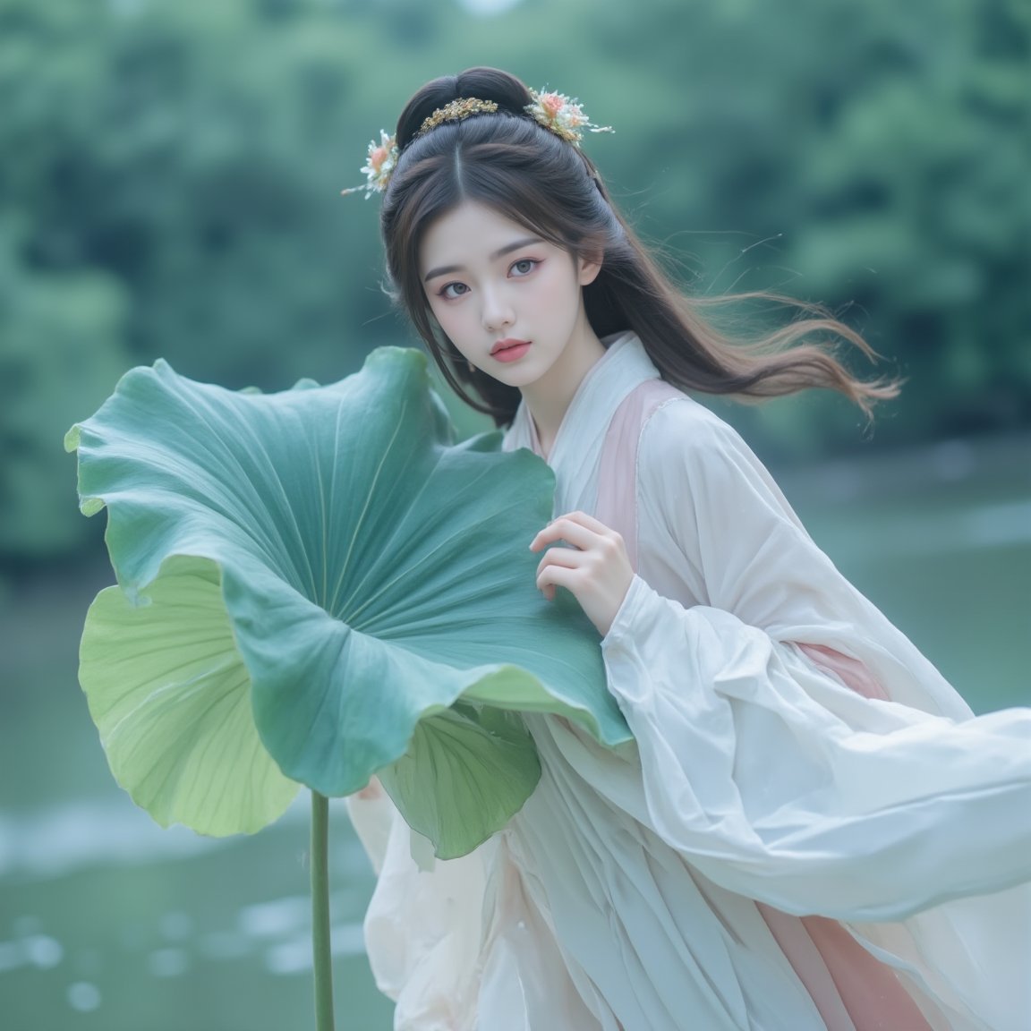 Photograph, young woman in traditional Chinese attire, Tang dynasty, holding a large green lotus leaf, intricate hair ornaments, flowing white and pink robes, serene expression, soft natural light, lush green background, delicate and elegant atmosphere.<lora:极品超模V8_2.0:0.8>