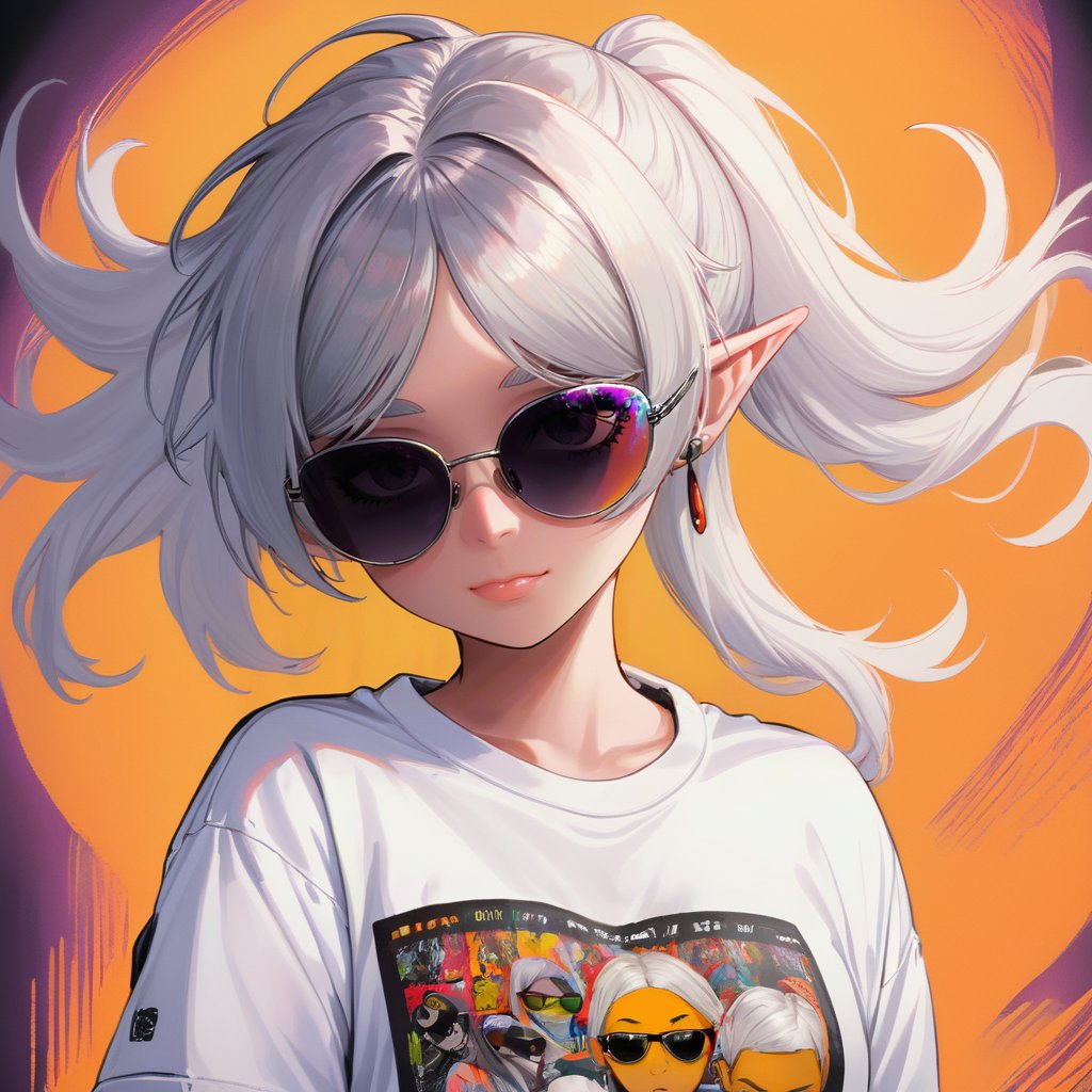 Digital art, masterpiece A detailed and cinematic wallpaper, a girl Frieren wearing a cool sunglasses and fashion hiphop t-shirt, silver hair<lora:frieren_xl_2-000012:1>