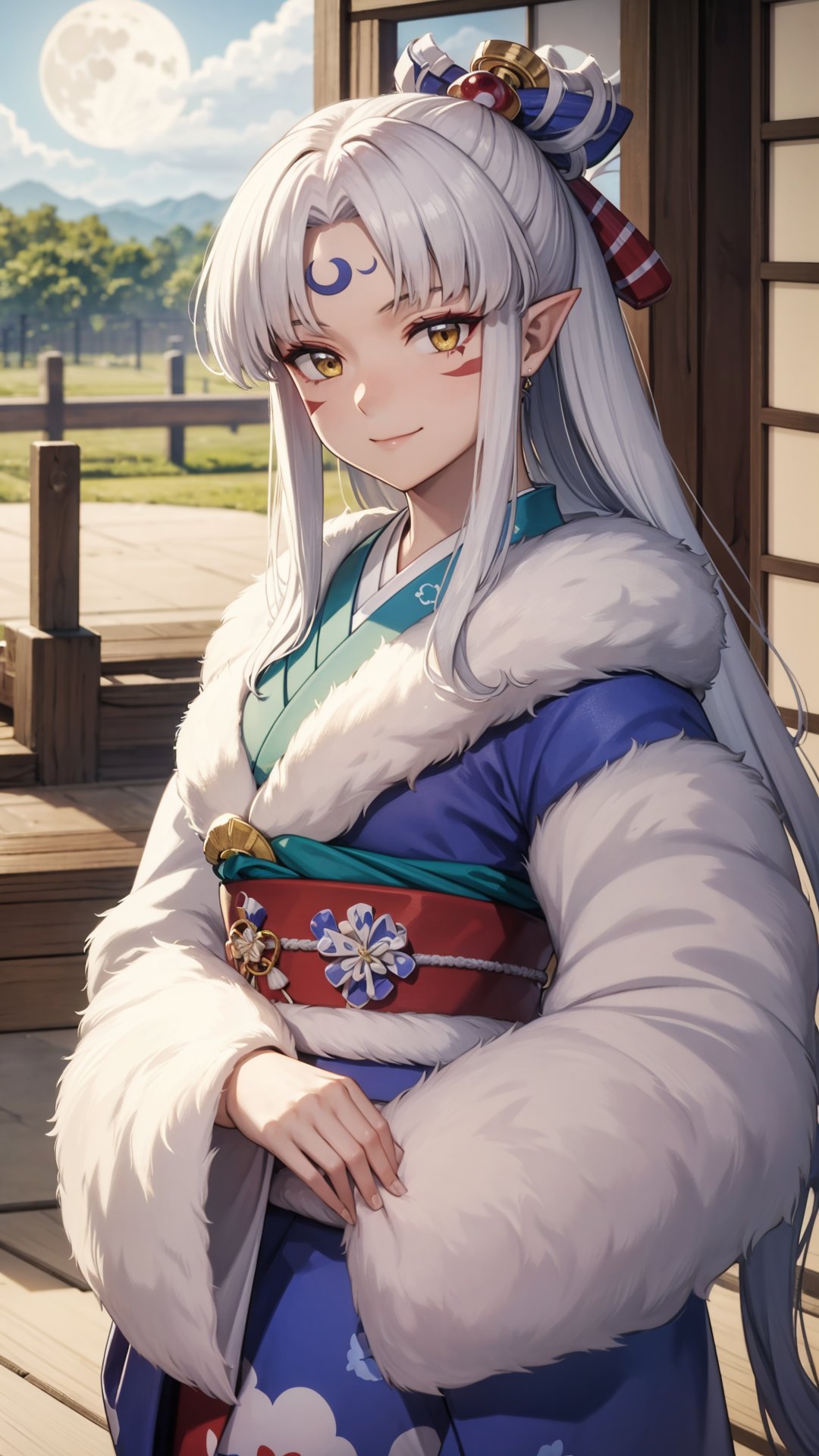 (masterpiece, best quality),ray tracing,absurdres, HDR,Sesshomaru imoto, pointy ears, solo, yellow eyes, long hair, japanese clothes, facial mark, jewelry, 1girl, white hair,  forehead mark, kimono, necklace,  looking at viewer, cowboy shot, magatama, smile, closed mouth, sidelocks, fur trim, , bangs, fur, moon on the forehead<lora:Sesshomaru imoto:0.7>