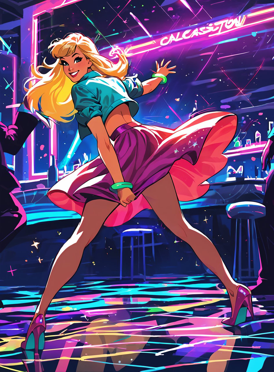 score_9, score_8_up, score_7_up, <lora:classcompxl:1>, classcompxl, vibrant color, 1girl, nightclub, dark, night, disco floor, skirt, heels, in motion, action, bangs, blonde, cute smile, pulling skirt, 