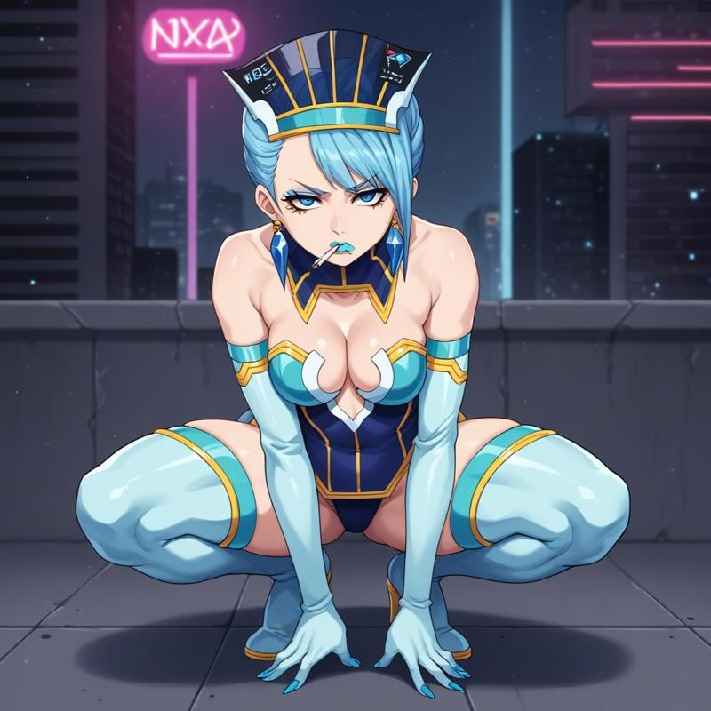 score_9, score_8_up, score_7_up, score_6_up, score_5_up, score_4_up BREAK, source_anime, bluerose, full body, squatting, holding cigarette, bored, 1girl, solo, thighhighs, crystal earrings, blue hair, jewelry, elbow gloves, lipstick, blue eyes, makeup, cleavage, bare shoulders, short hair, thigh boots, medium breasts, hat, city, city lights, neon lights, thighs, thick thighs, thigh boots, high heels, <lora:bluerose-000005:0.9> cyberpunk, billboard, 