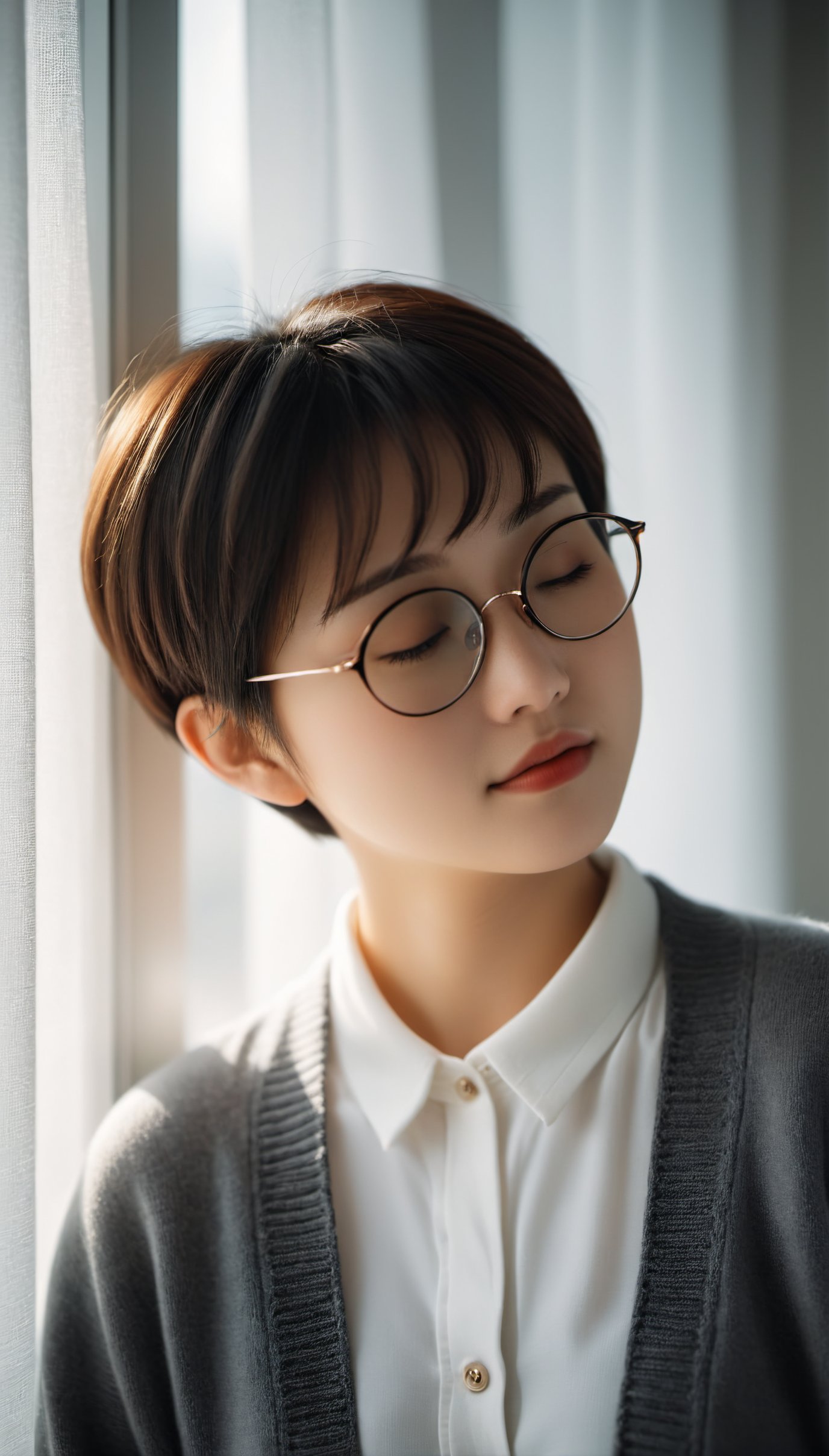 cinematic photo A short hair 18yo Chinese woman wearing a white shirt and sweater cardigan is standing near a window with white curtains and looking very cute in a head close-up fashion magazine photo with her eyes closed and round glasses . 35mm photograph, film, bokeh, professional, 4k, highly detailed