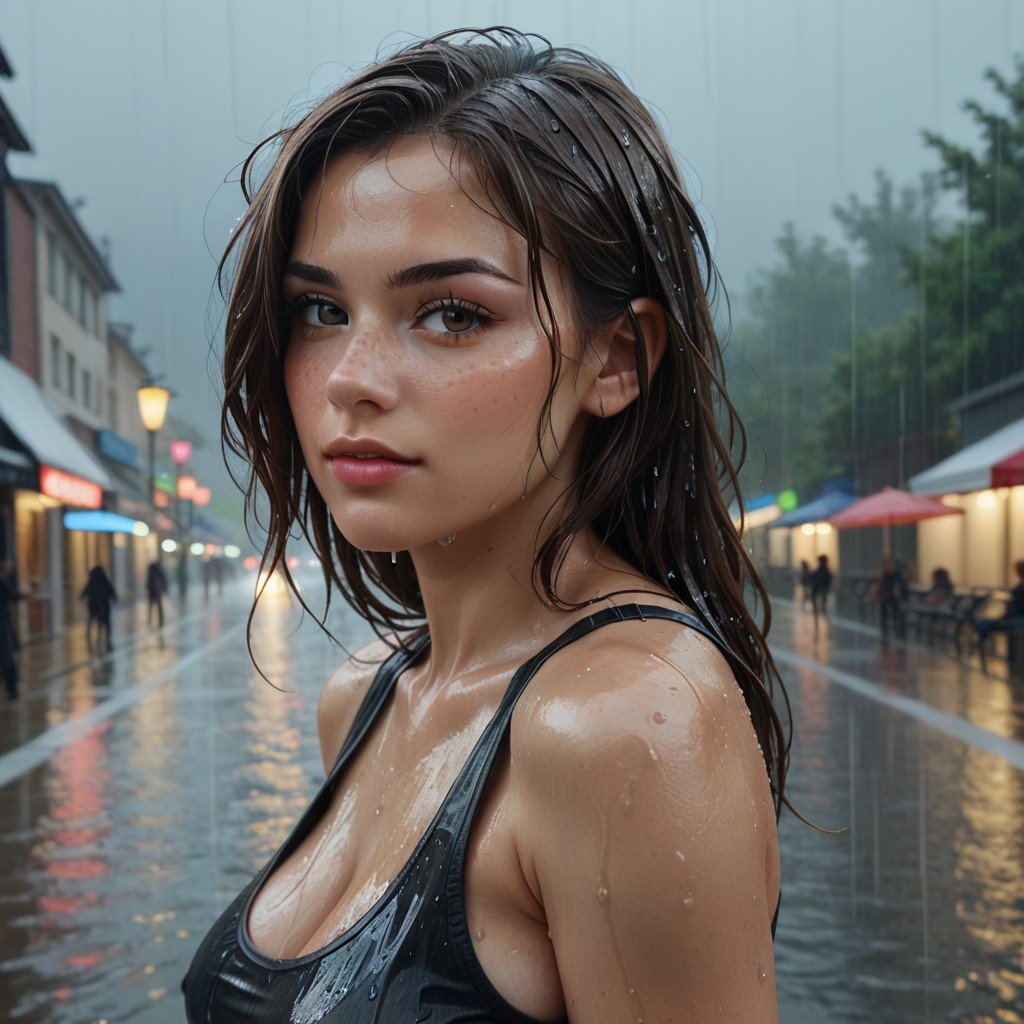 (GeGe:2.0), (woman), (brunette), (brown eyes), (freckles), score_9, score_8_up, score_7_up, Expressiveh, wet hair, large breasts, dancing in the rain, black tank top, raining, portrait, boob focus, sultry look, sexy pose , <lora:3b8ad10f-838f-40a5-ab9f-78dde6fb1da5:2.0>