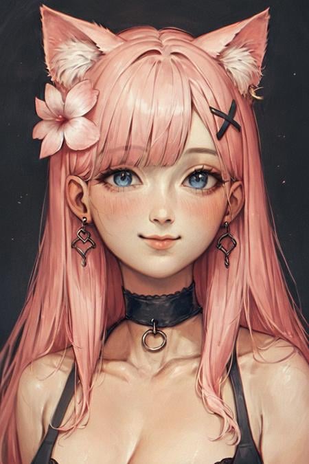 score_9, score_8_up, score_7_up, score_6_up, score_5_up, score_4_up, 1girl, solo, animal ears, hair ornament, blue eyes, long hair, pink hair, animal ear fluff, hairclip, looking at viewer, bangs, flower, cat ears, collar, collarbone, hair flower, portrait, x hair ornament, black background, ear piercing, closed mouth, smile, blush, choker, upper body, breasts, piercing, earrings, pink flower, cleavage, bare shoulders, jewelry, lips <lora:Gothic Art  Style SDXL_LoRA_Pony Diffusion V6 XL:1>