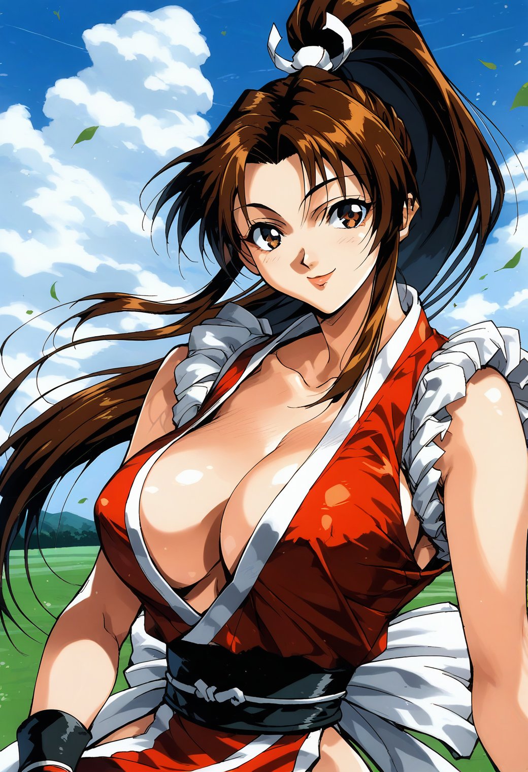 1girl, solo, (field:1.2), (sky:1.2), (upper body:1.2),  large breasts,  smile, oobari_style, retro artstyle, 1990s \(style\), <lora:oobari_style_pony_ver1:0.8>shiranui_mai, fatal_fury, 1girl, brown_hair, brown_eyes, score_9, score_8_up, score_7_up, source_anime, best quality, uncensored, rating_safe,