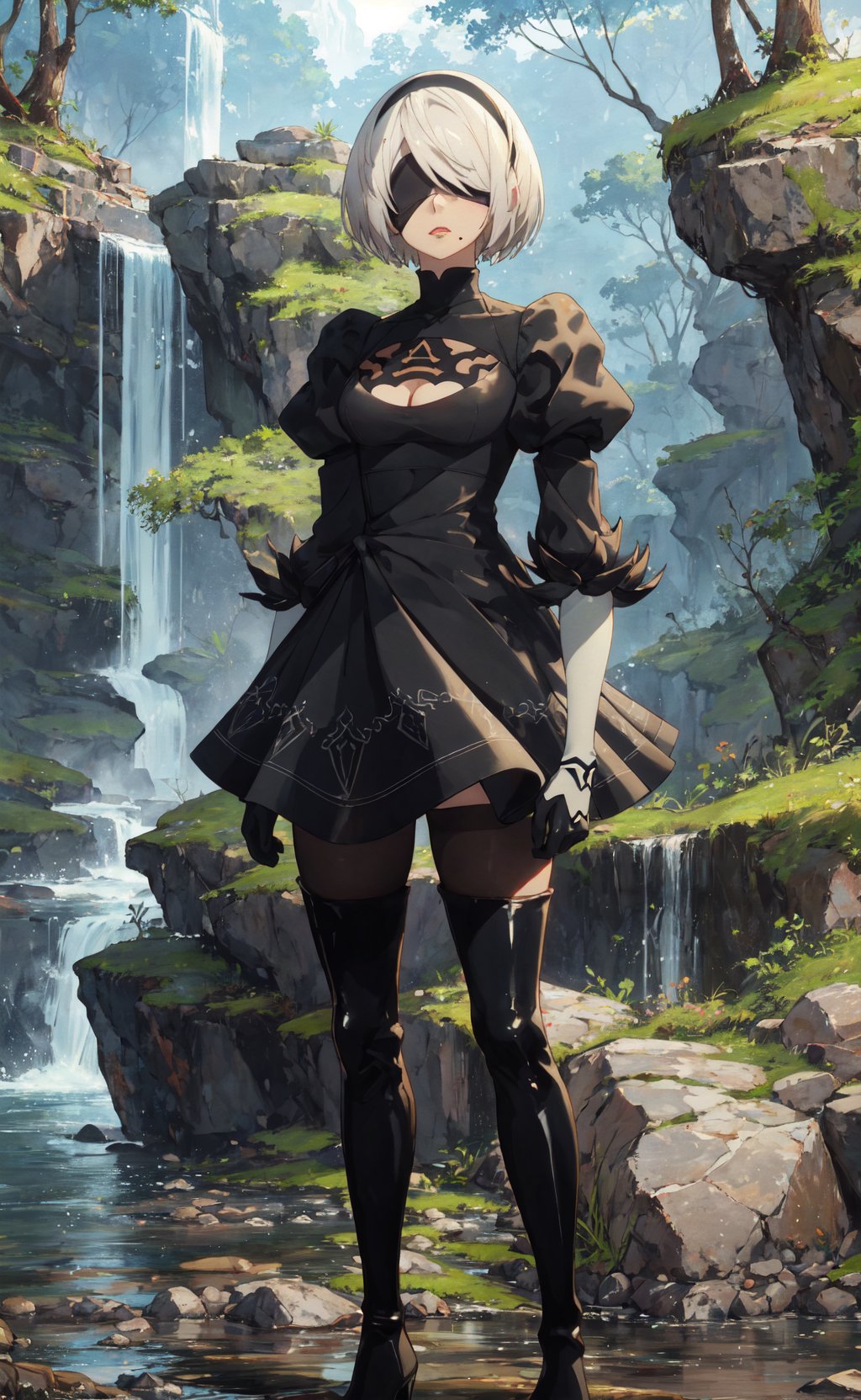 <lora:2B-000017:0.8>,2B CYQL,1girl,looking at viewer,solo,white hair,short hair,black hairband,covered eyes,black blindfold,mole under mouth,clothing cutout,cleavage cutout,long sleeves,puffy sleeves,gloves,dress,black dress,thighhighs,boots,thigh boots,high heel boots,breasts,cleavage,feather-trimmed sleeves,shy,upper_body,Waterfall, Jungle, Hidden, Serenity, Mist, Trees, Rocks, Discovery,beautiful detailed sky,beautiful detailed glow,posing in front of a colorful and dynamic background,masterpiece,best quality,beautiful and aesthetic,contrapposto,female focus,wallpaper,