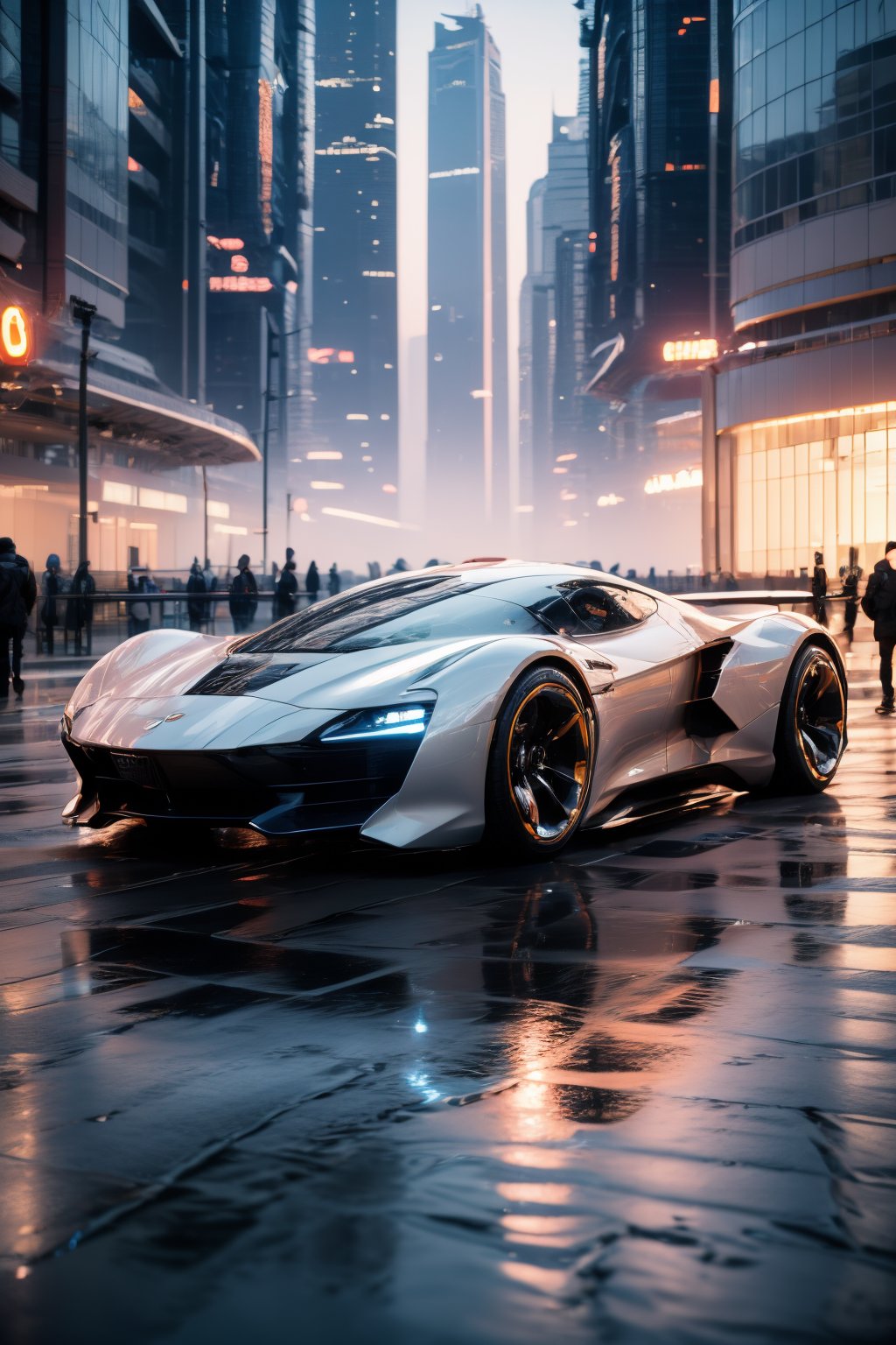 photorealistic, realistic, boy, looking at viewer, side face, full body, white cyberpunk armor, boy are next to the car, car, motor vehicle, male focus, science fiction, aircraft, city, flying, scenery, road, building, outdoors, helicopter, sky, cloud, realistic, night, skyscraper, cyberpunk