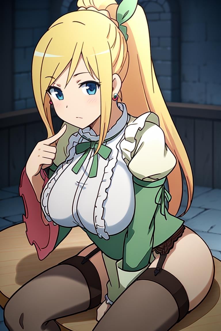 <lora:DarknessV2:0.7>best quality,masterpiece,sitting,1girl,solo,long hair,breasts,blue eyes,blonde hair,large breasts,thighhighs,long sleeves,dress,ribbon,jewelry,ponytail,pantyhose,earrings,frills,wide sleeves,garter straps,pointing,green ribbon,darkness (konosuba)-Lalatina Dustiness Ford