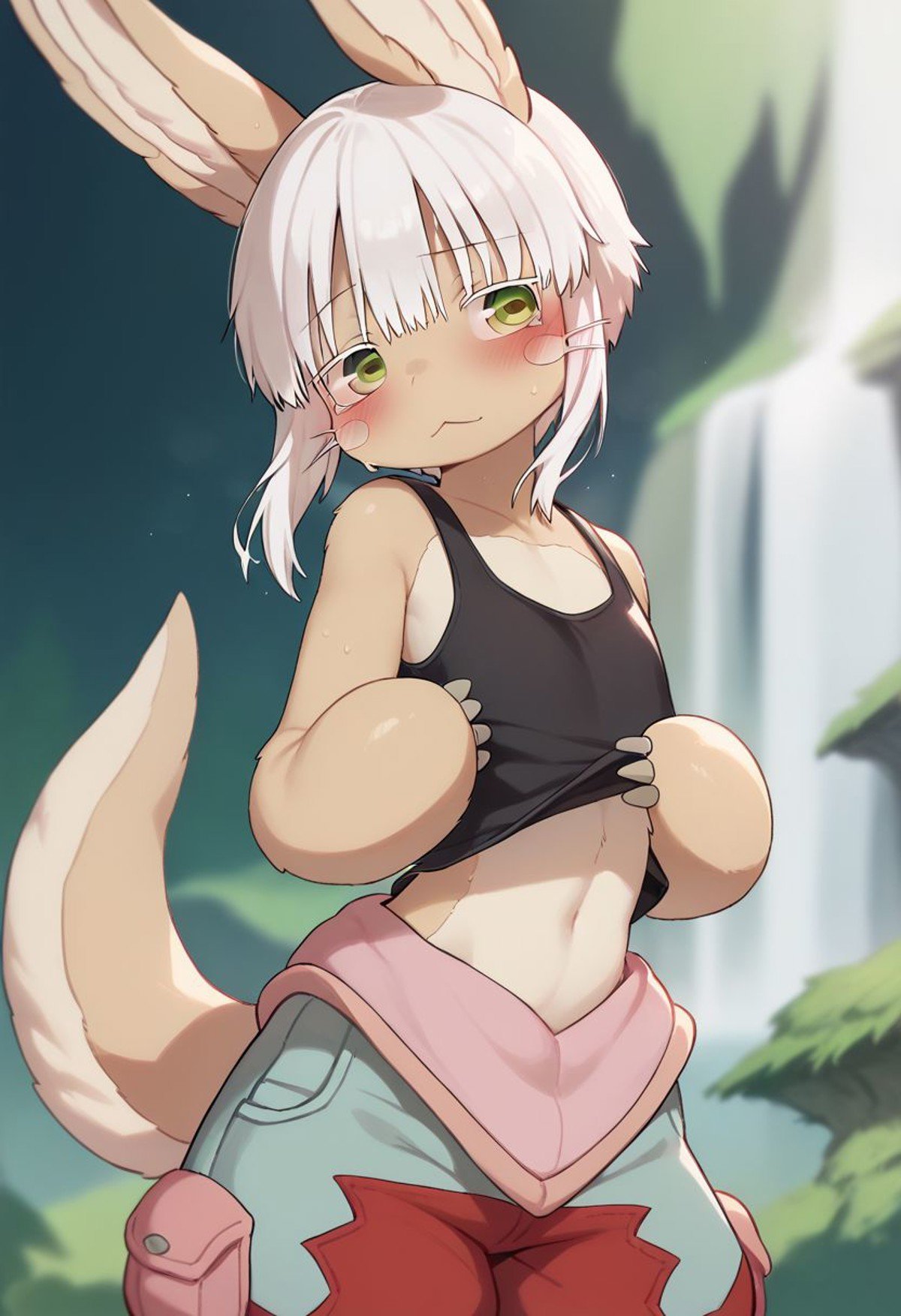 score_9,score_8_up,score_7_up, 1girl, nanachi, \(made in abyss\)/,(ultra HD quality details), green eyes, white hair, furry, animal ears, tail, sidelocksshort hair, animal ears,puffy pants,solo, outdoors, depth of field, blushing, on a date, beautiful, skin tight, tank top, short shorts, sweat,