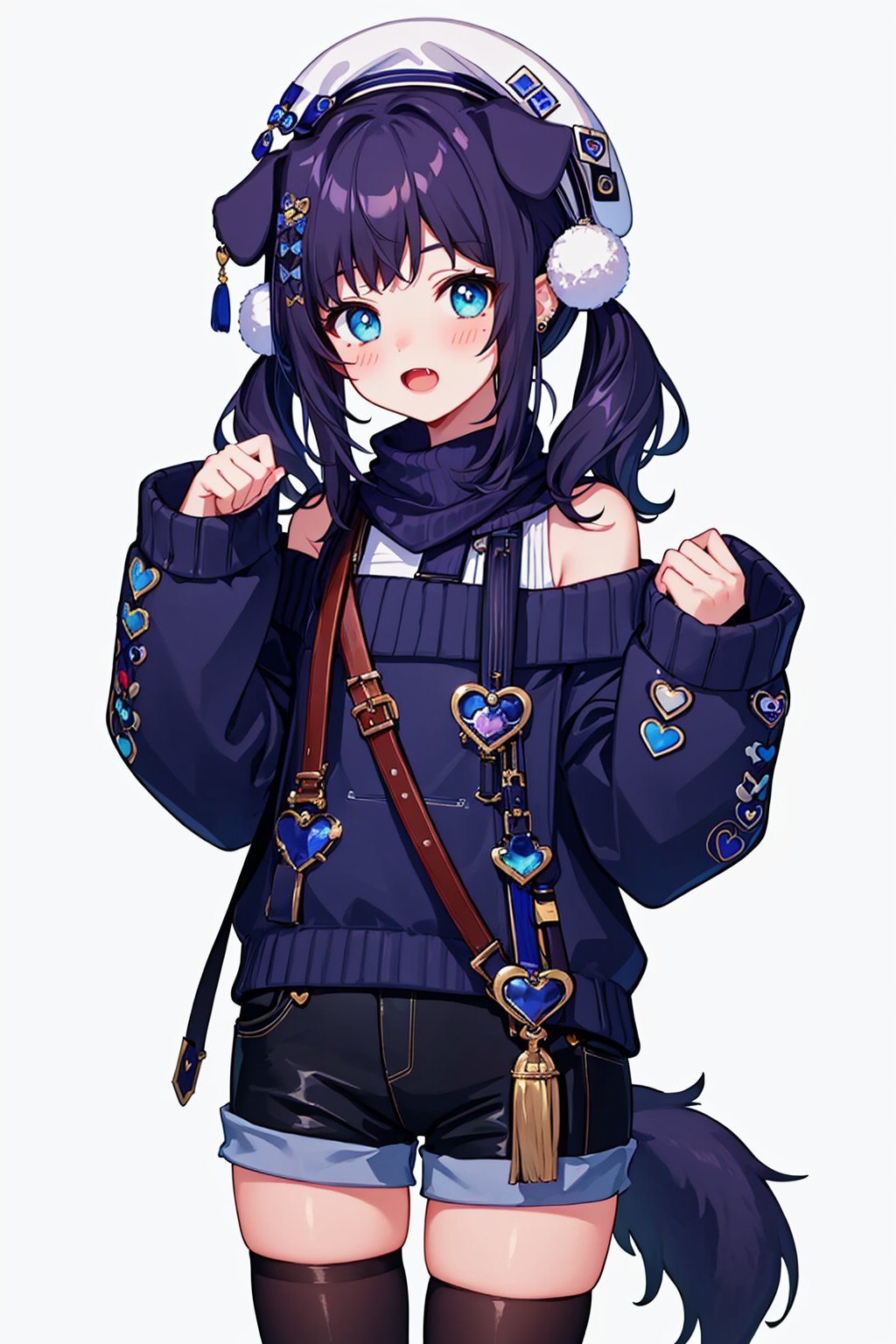 masterpiece,best quality, highly detailed, 1girl,aiba uiha,beret,dog tail,looking at viewer,solo,virtual youtuber,white headwear,dog girl,long sleeves,open mouth,simple background,twintails,white background,d,bare shoulders,blush,ear piercing,heart,pom pom \(clothes\),thigh strap,black shorts,black thighhighs,blue nails,blue sweater,cowboy shot,fang,fur-trimmed sleeves,hands up,off shoulder,off-shoulder sweater,paw gloves,sleeves past wrists,<lora:aiba_uiha:1>