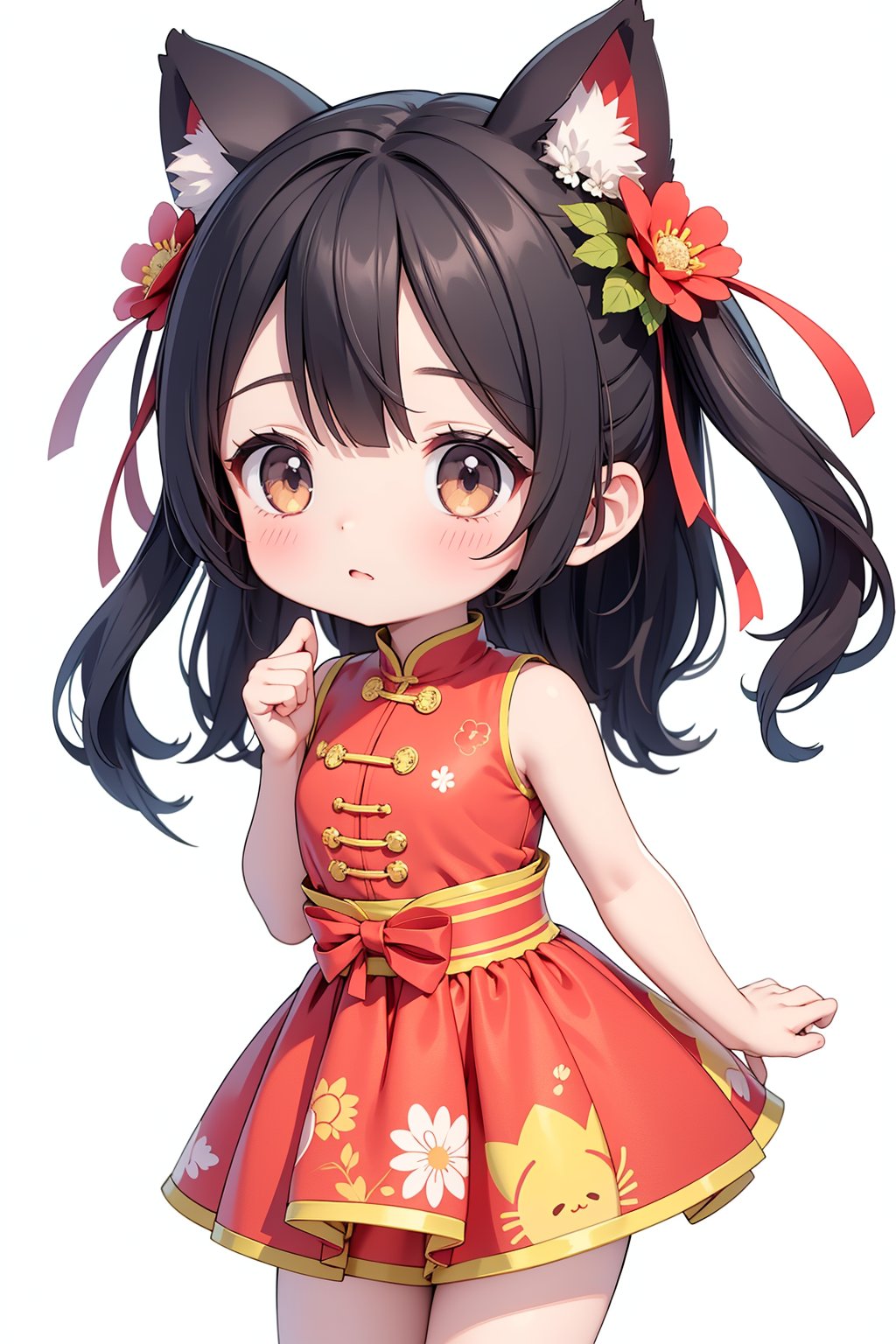 1girl,profile,solo,long hair,breasts,looking at viewer,blush,bangs,simple background,white background,animal ears,bare shoulders,closed underwear,standing,flower,small breasts,sleeveless,alternate costume,cat ears,animal ear fluff,bare arms,bell,leaning forward,sleeveless dress,shadow,chinese clothes,red dress,(china dress),jingle bell,Hands up,happy new year,