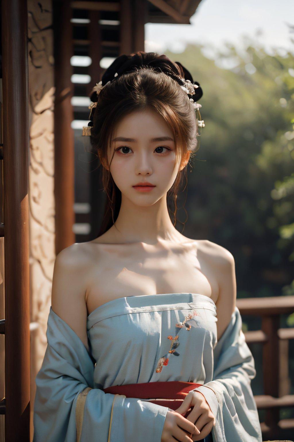 sittig, Ultra-high skin detail, Perfect facial details, cinematic lighting, chiaroscuro, super detail, award winning, best quality, FilmGirl, 85mm, 18 years old, sad, little cry, the abovehalf body, Beautiful body, hanfu2, upper body, looking at viewer, bare shoulders, <lora:EMS-80545-EMS:0.900000>