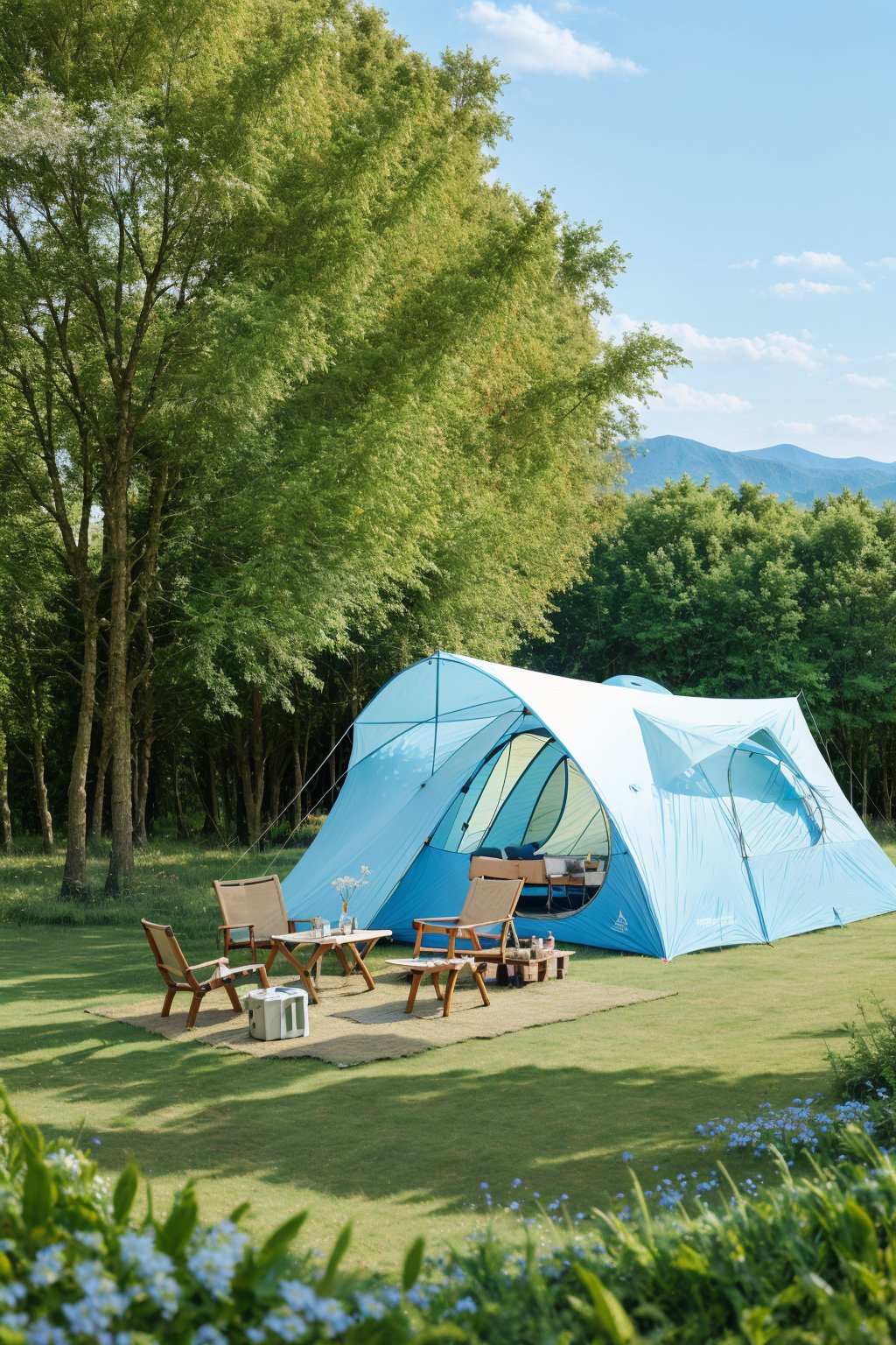 sky, landscape, tree, outdoors, grass, mountains, nature, blurred background, blue sky and white clouds, forest, horizon, lake, tent, RAW photo, high resolution, ultra fine section, high detail RAW color photo, professional photo, masterpiece, best quality, RV, stool