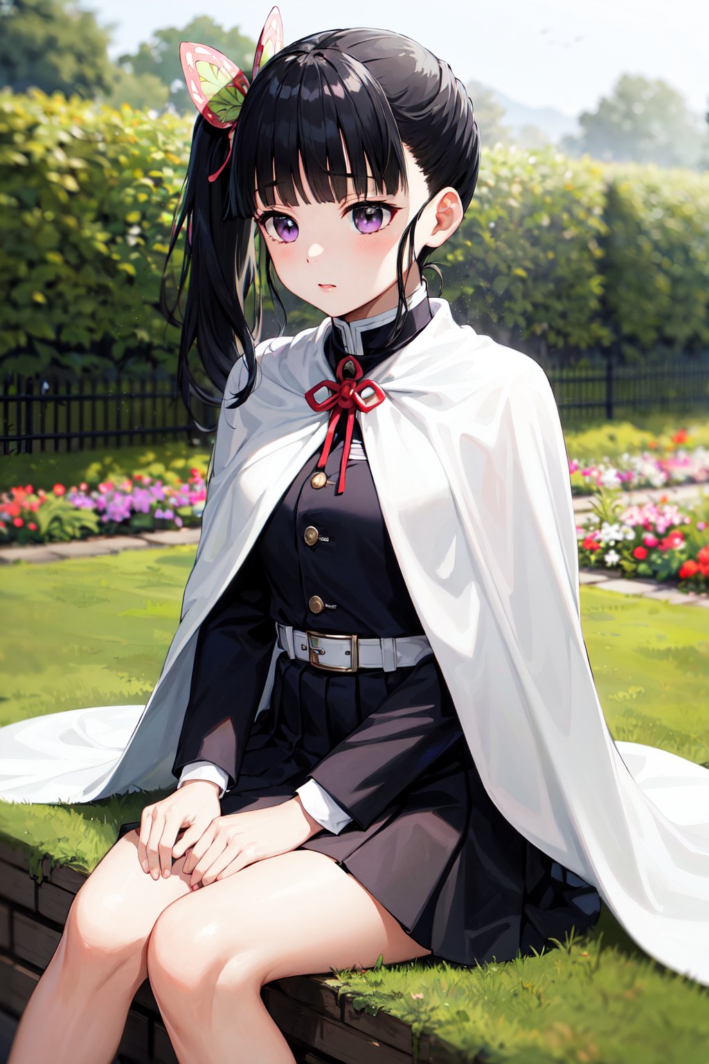 masterpiece, best quality, highres, aakanao, long hair, side ponytail, hair ornament, white cape, red ribbon, black jacket, long sleeves, belt, pleated skirt, black skirt, <lora:tsuyuri_kanao_v1:0.8>, sitting, garden, 