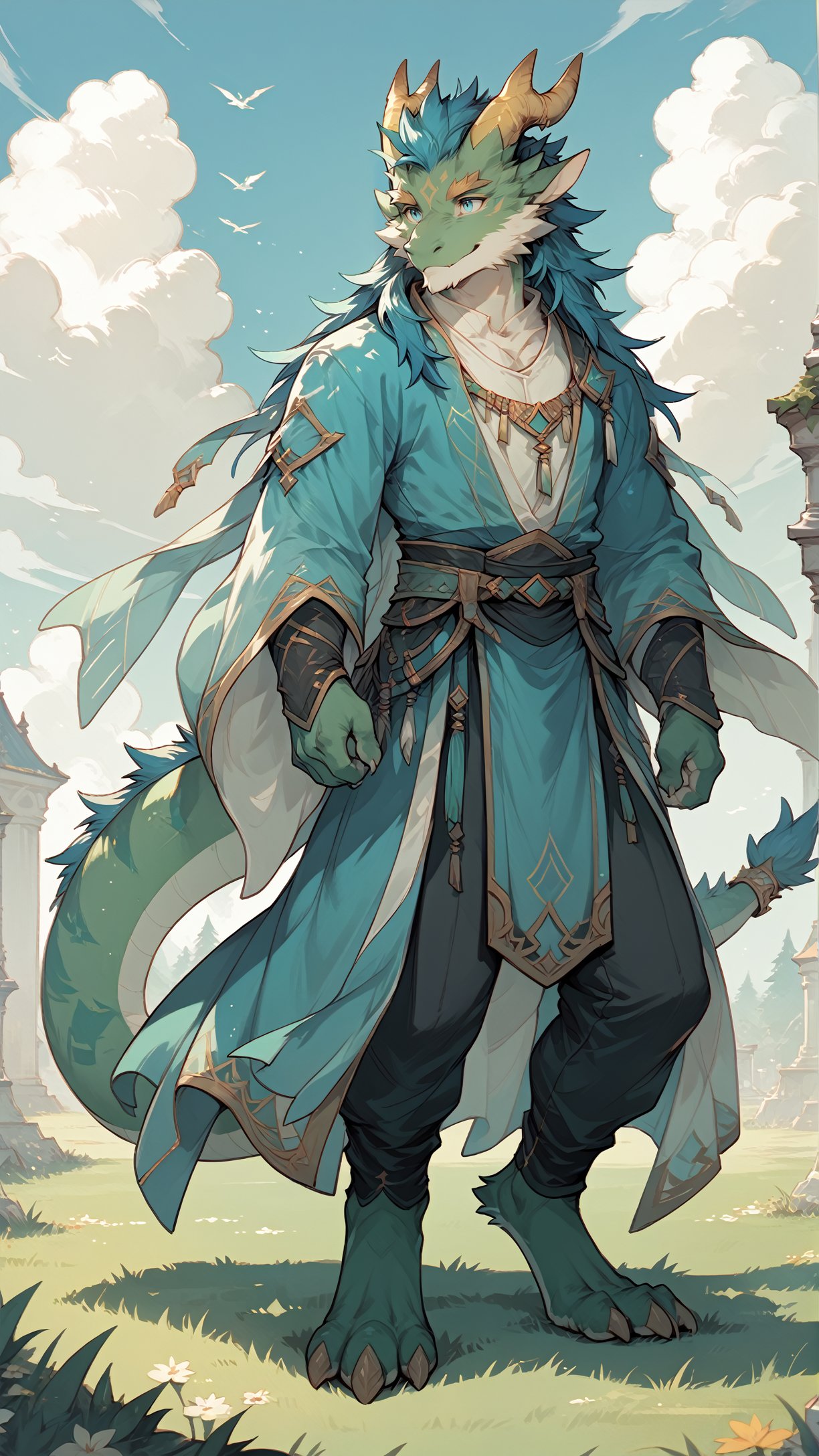 score_9,score_8_up,score_7_up,score_6_up,score_5_up,score_4_up,source_furry,han fu,Draco Echo,male,green body,Blue tip,golden horn,Blue hair,smile,dragon,golden eyebrows,Blue clothes,blue eyes,standing,outdoors,sky,grass,tuft,digitigrade,tail_ring,green fur,digital media (artwork),Black pants,<lora:Draco Echo_XL_Pony_16-000009:0.8>,<lora:Hanfu_XL_Pony_3-000016:0.8>,