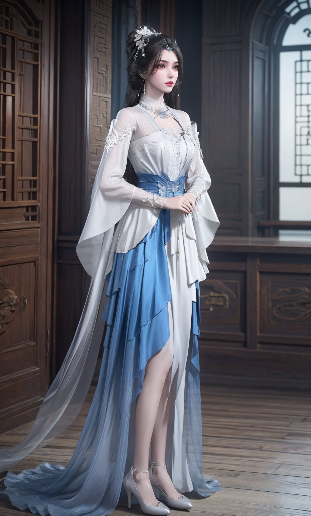 ,,masterpiece,(best quality),official art,extremely detailed cg 8k wallpaper,(extremely delicate and beautiful),solo,realistic,photo_\(medium\),full body,pointed-toe heels,facial tattoo,(chinese clothes,, gown, jewelry , long hair,white gown,blue gown, long sleeves),adfxx,1girl,portxx,solo,earrings,flowerhair bun,hair flower,black hair,hair ornament,realistic,<lora:40muwan_v4.1:0.7>,adfxx,