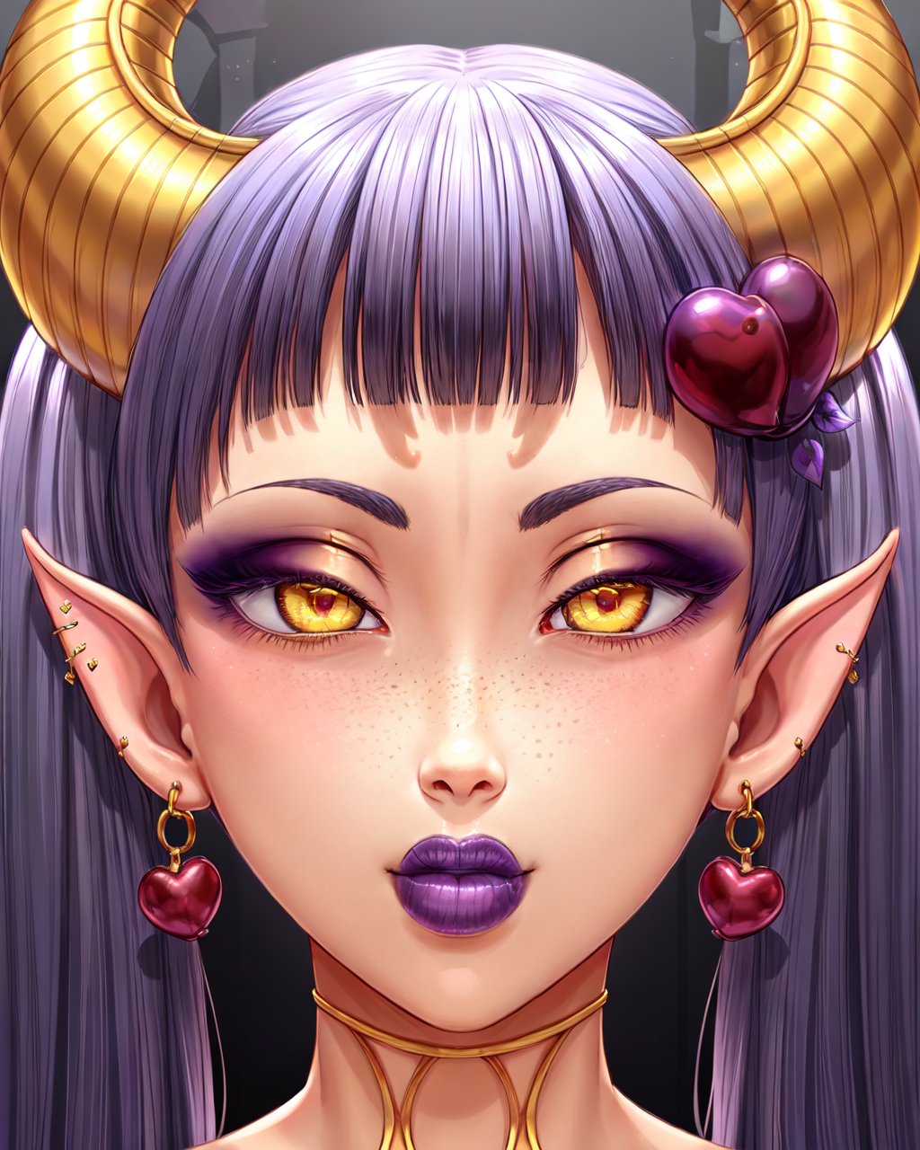 (majalis:1.2), (1girl, demonking, slit pupils, cherry hair ornament:1.1),(closeup:0.8), demon girl, earrings, eyelashes, eyeshadow, freckles, golden horns, hair ornament, smile, heart, horns, jewelry, lipstick, long hair, looking at viewer, makeup, piercing, pointy ears, purple hair, purple lips, solo, twintails, yellow eyes <lora:majalis_style_v2.1:0.7>