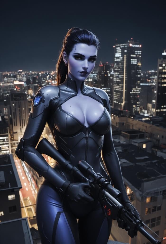 score_9,score_8_up,score_7_up,score_6_up,score_5_up,score_4_up,highly detailed,real life,analog, 1girl, a body shot of (widowmaker:1.2) from overwatch, on a city rooftop at night,she is holding and aiming sniper rifle, sexy skintight full bodysuit, cleavage, purple skin, dark purple hair, ponytail,