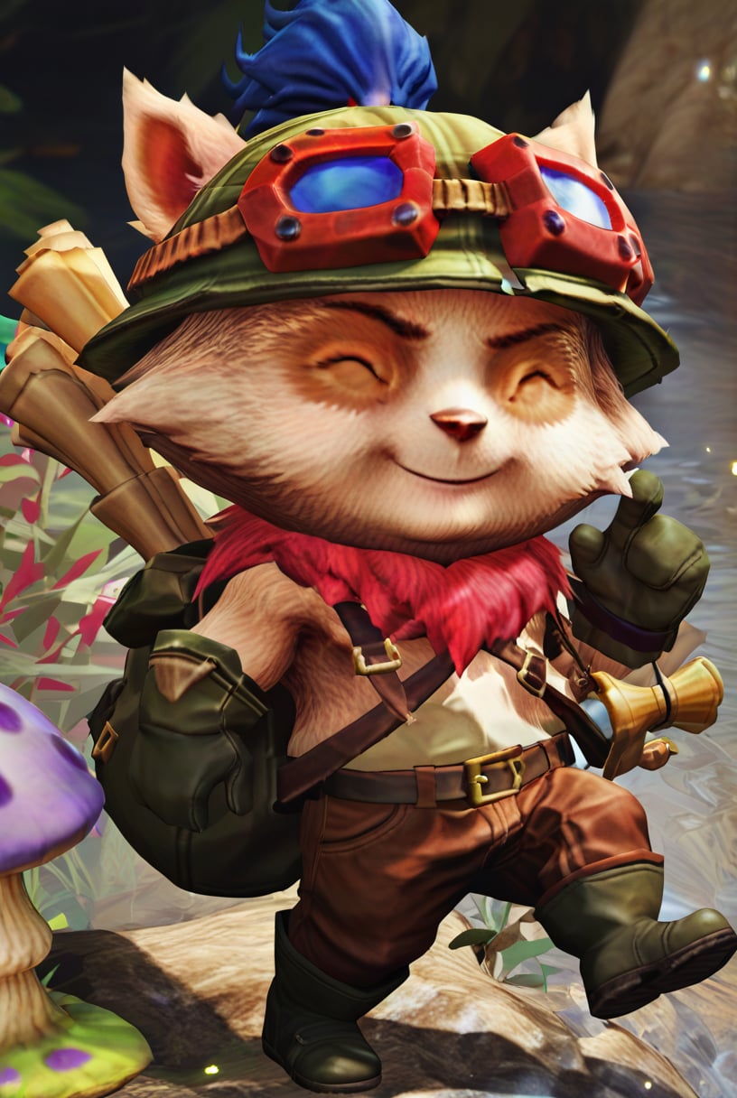 score_9, score_8_up, score_7_up, t33mo, score_9, source_anime, teemo, hat, closed eyes, 1boy, furry, yordle, male focus, goggles, goggles on headwear, brown pants, pants, belt, boots, gloves, green headwear, bag, smile, ^_^, furry male, mushroom, <lora:Teemo_default_v1:0.9>