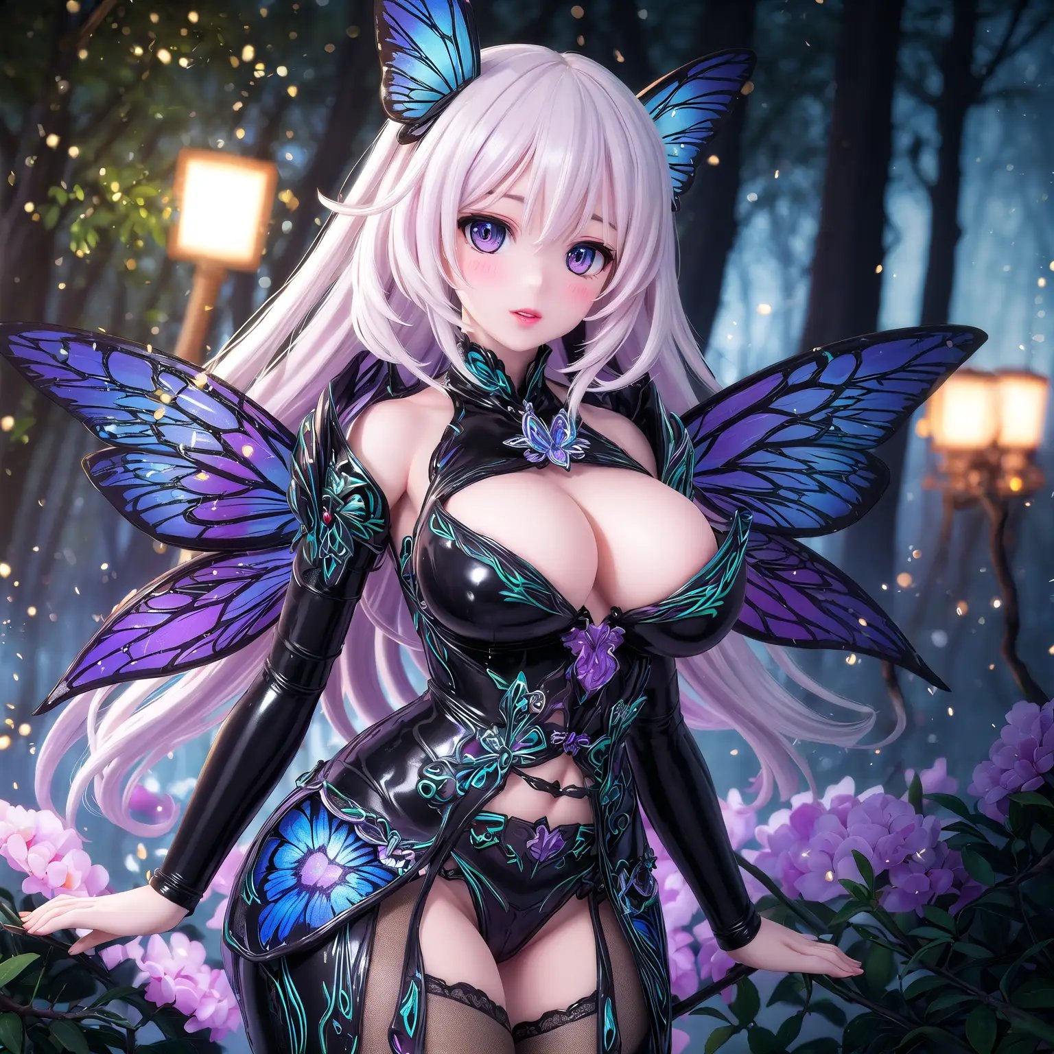 seduce poses, ((textile shading purple bodysuits , fairy wing)), ((dark persona rilurilufairilu, large breasts, shortstack, narrow waist)), (vulgarity:1.2), (kawaii:1.1), pastel color hair, half-closed eyes, morpho butterfly, symmetrical wings, ((in night, dark fantasy, deep forest)), sony α7Ⅳ, bokeh, large eyes big, low light, (photon mapping:1.3), (detailed sharpness:1.3), straight fingers✊, ultimate quality,