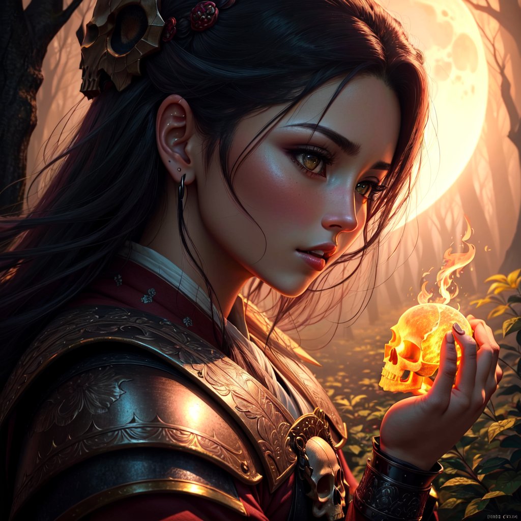 ((best quality)), ((masterpiece)), (detailed), portrait, female samurai, mystical, night, dark deep forest, (glowing skull in hand:1.2), cinematic, armor, determined expression, traditional hairstyle, moonlight, (shadows:1.2), subtle glow, 16:9 aspect ratio, close-up view.