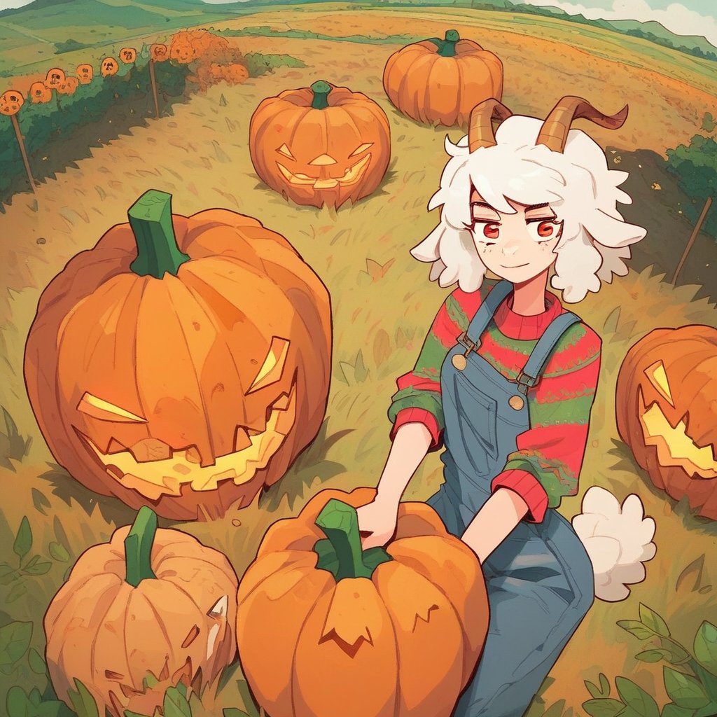 cute sheep woman, overalls, pumpkin field, fluffy clouds, illustration, goat horns, textured sweater, lamby lumpkin has white hairscore_8_up  <lora:last-000005:1>