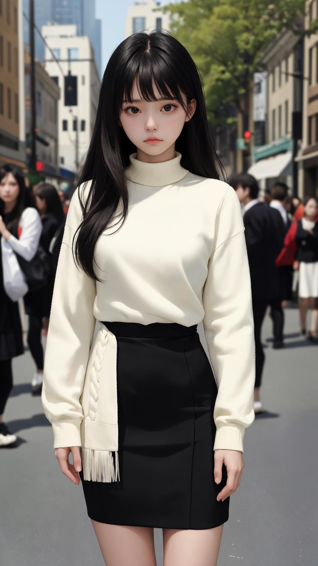 (masterpiece:1.2), (best quality:1.2), (absurdres:1.2), (looking at viewer), (shiny skin),upper body, lady,bare legs,long hair, sleek, fringe, side bang,outdoors, day, city,pencil skirt,long sleeves, black hair, black eyes,sad face, medium breasts, 